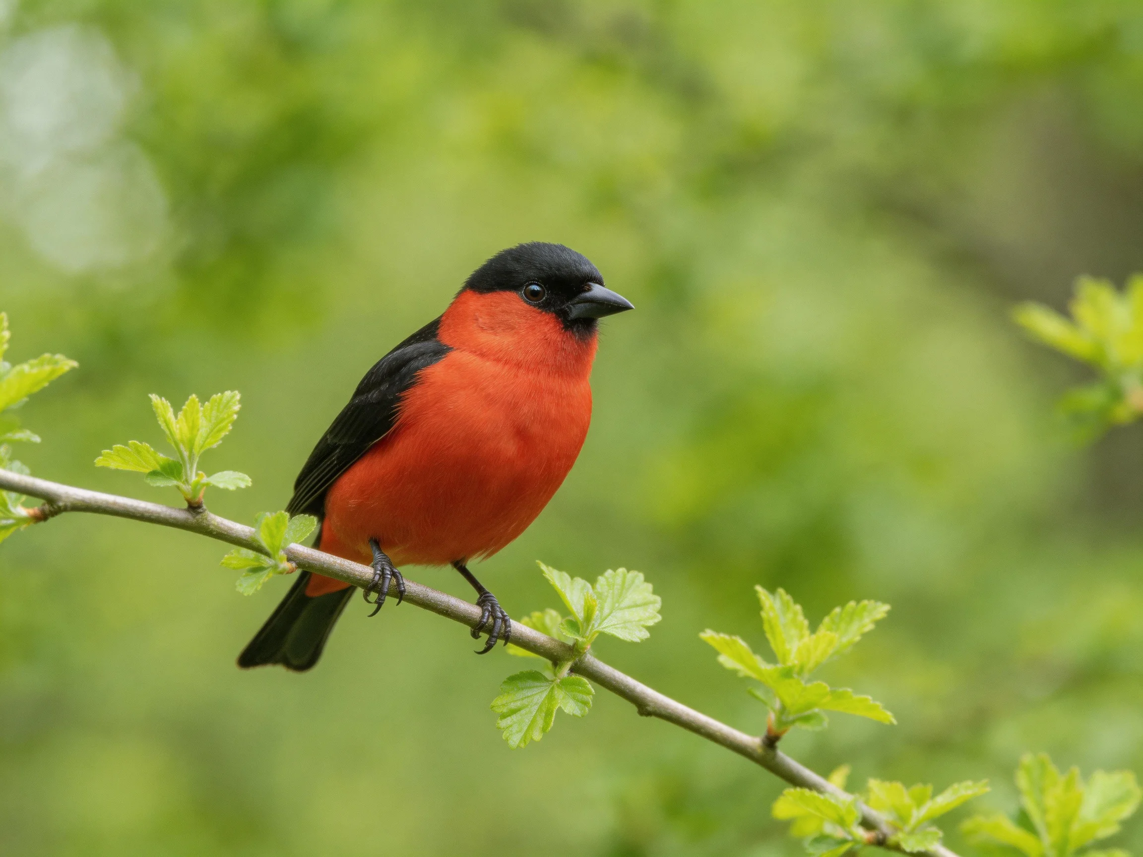 A red-chested bird perches on a leafy branch