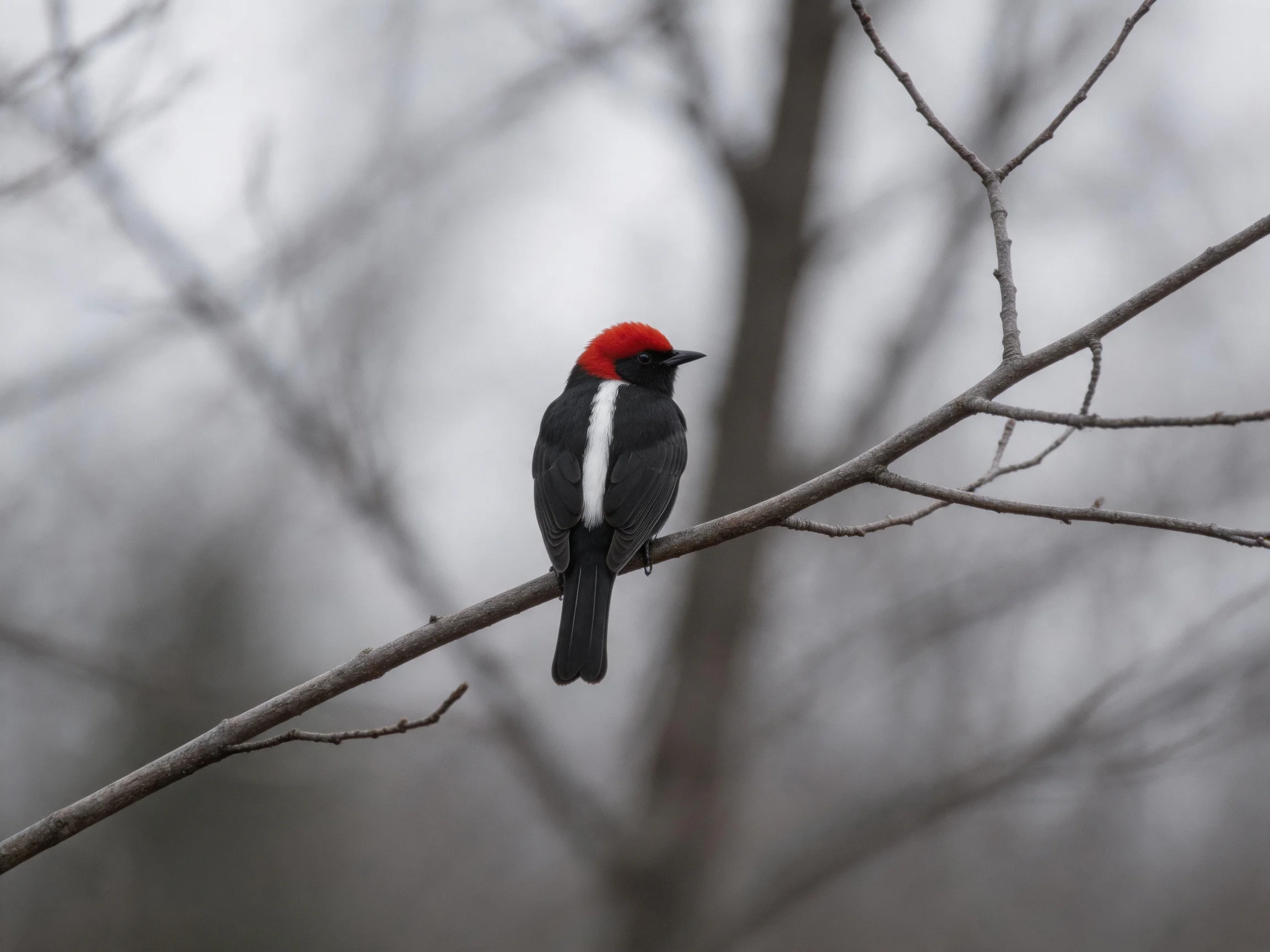 A red-crowned bird perches on a bare tree branch