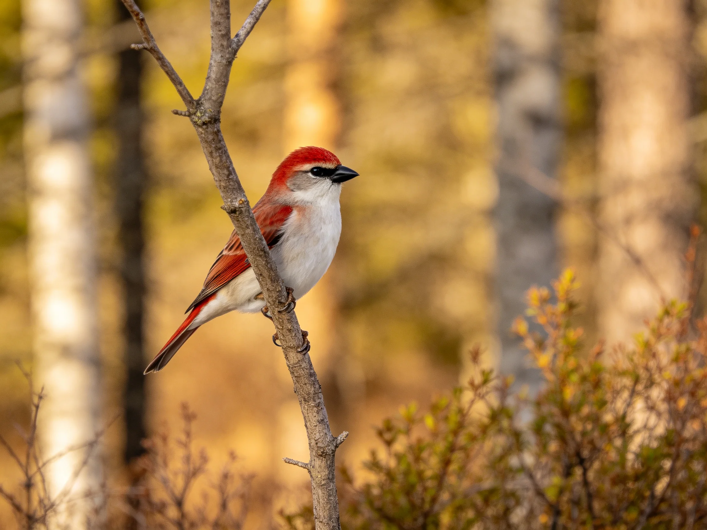 A red-crowned sparrow perched on a thin tree branch