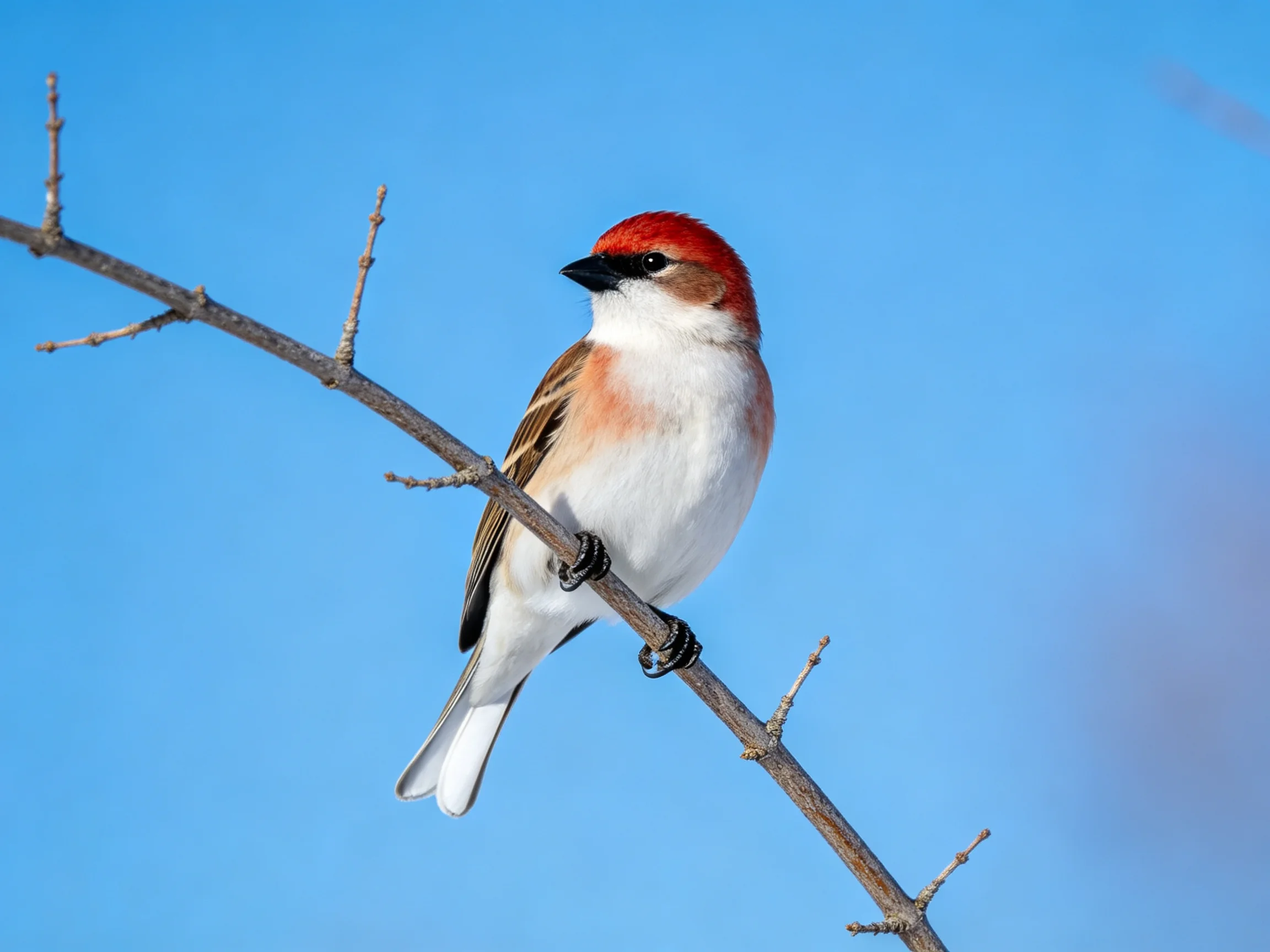 A red-crowned sparrow perches on a thin bare branch