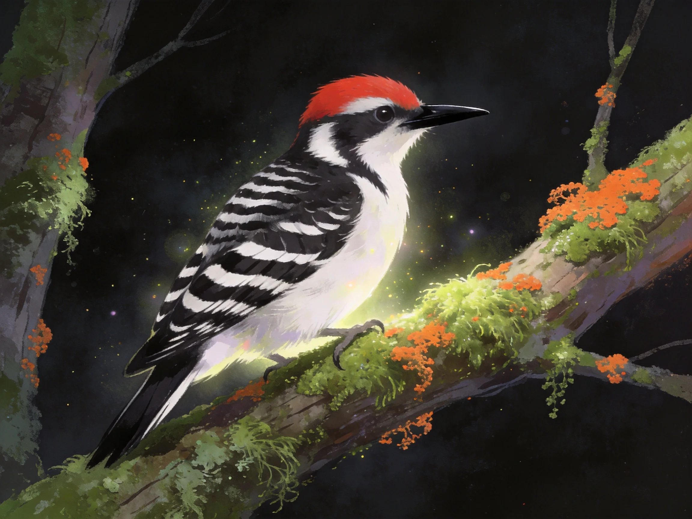 A red-crowned woodpecker perches on a mossy, lichen-dotted branch