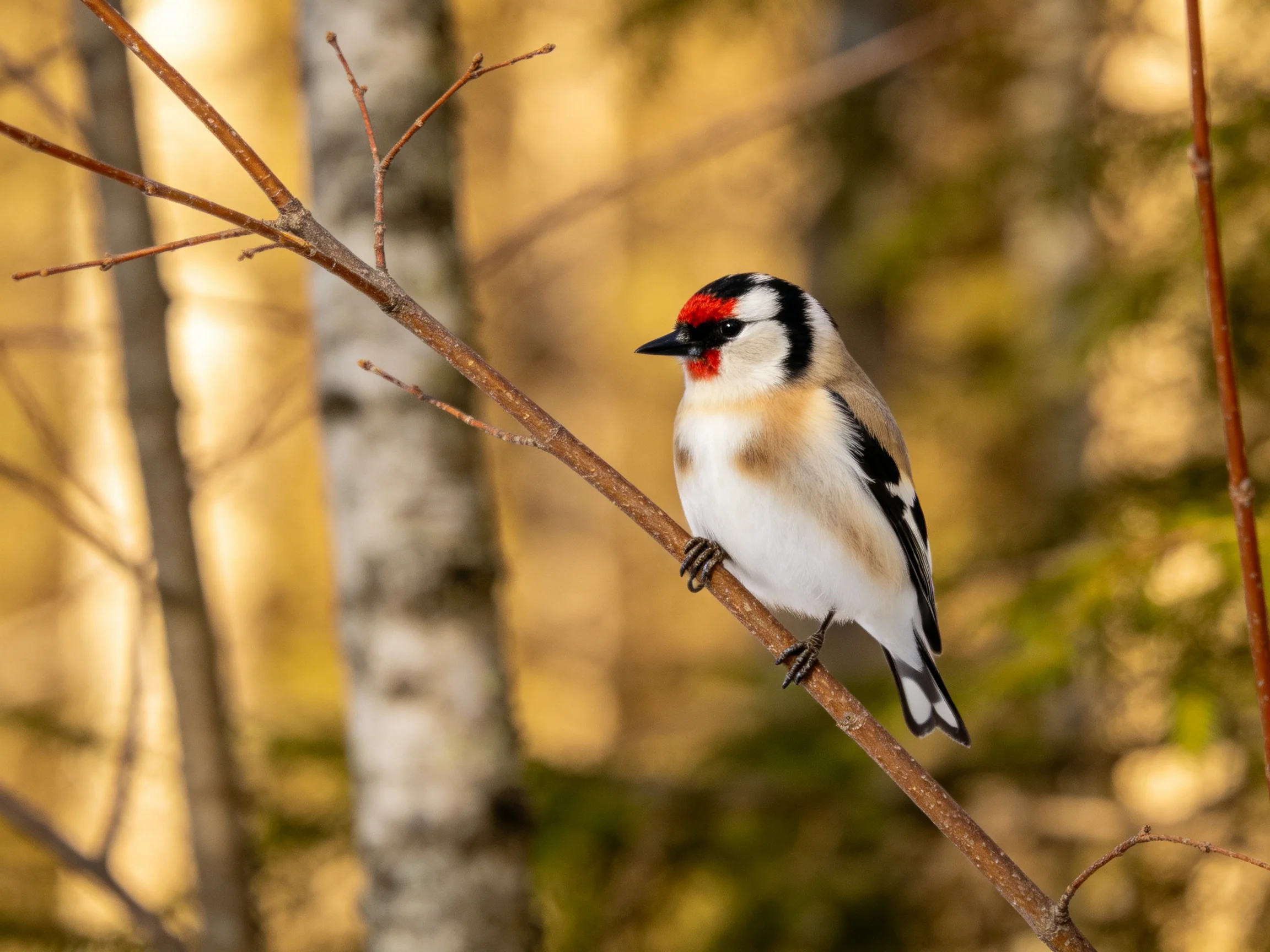 A red-faced bird perched on a slender branch among trees