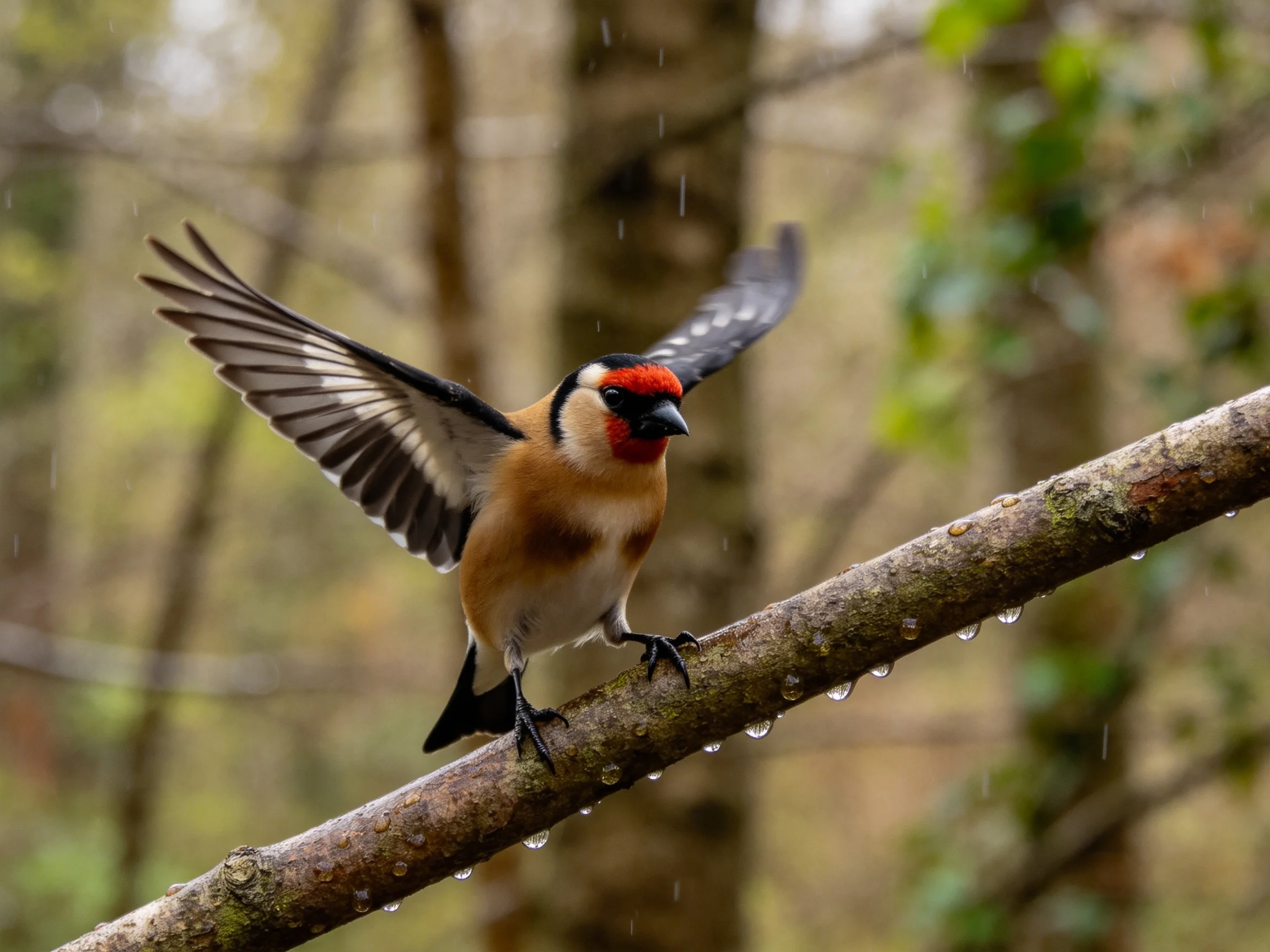 A red-faced bird spreading wings on a wet branch