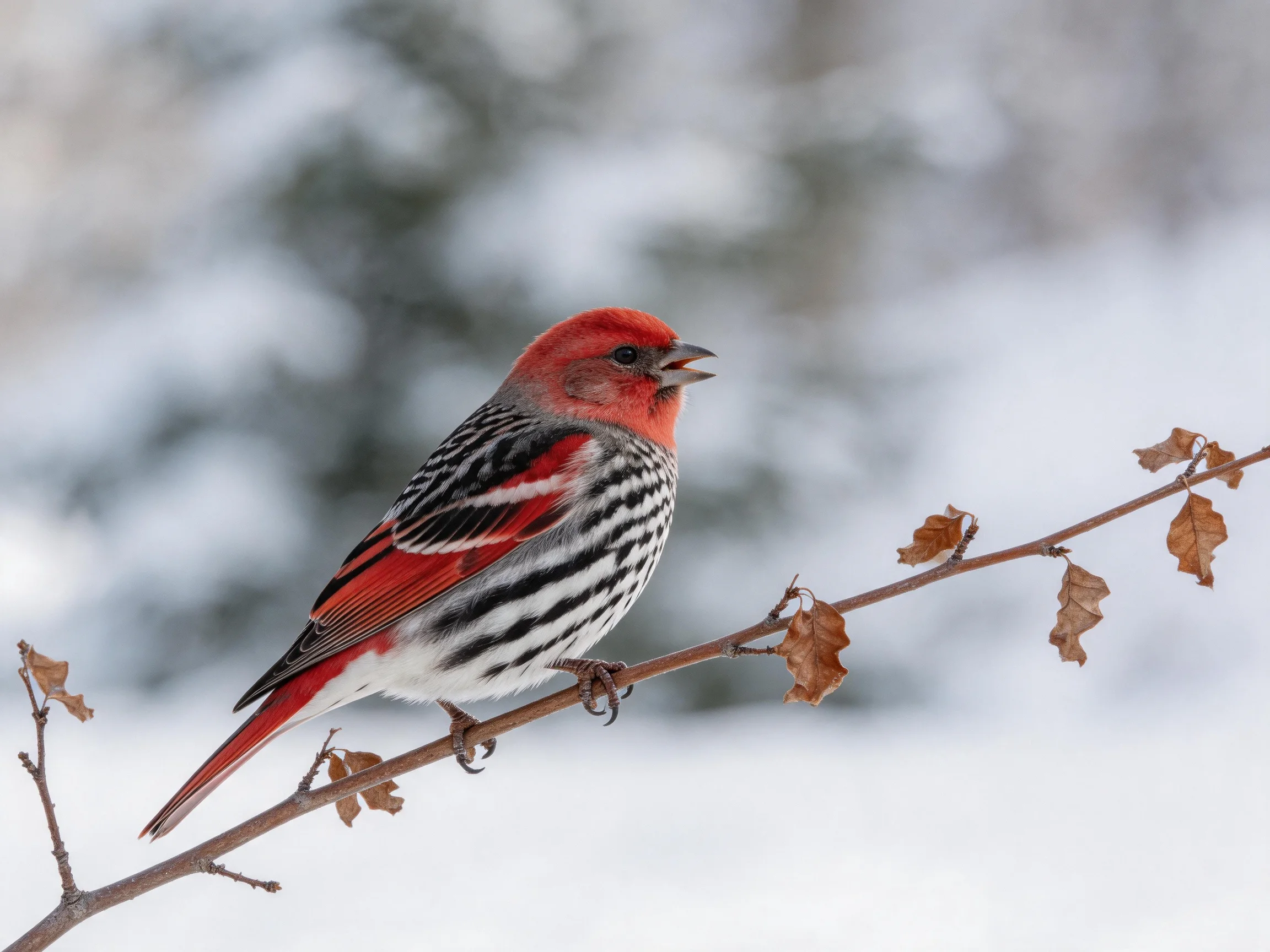 A red-headed bird with black and white stripes perches on a branch