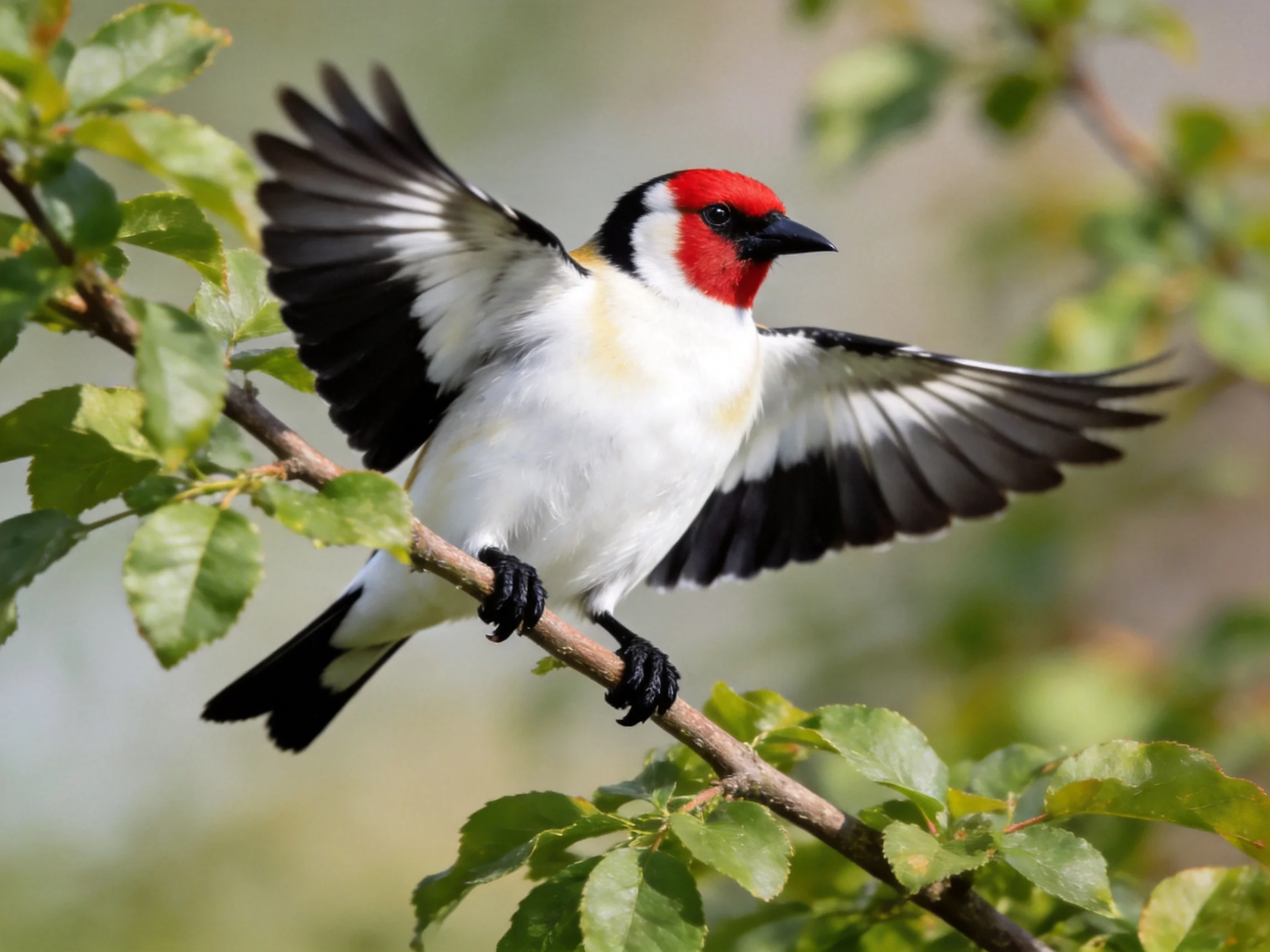 A red-headed bird with black and white wings perches on a leafy branch