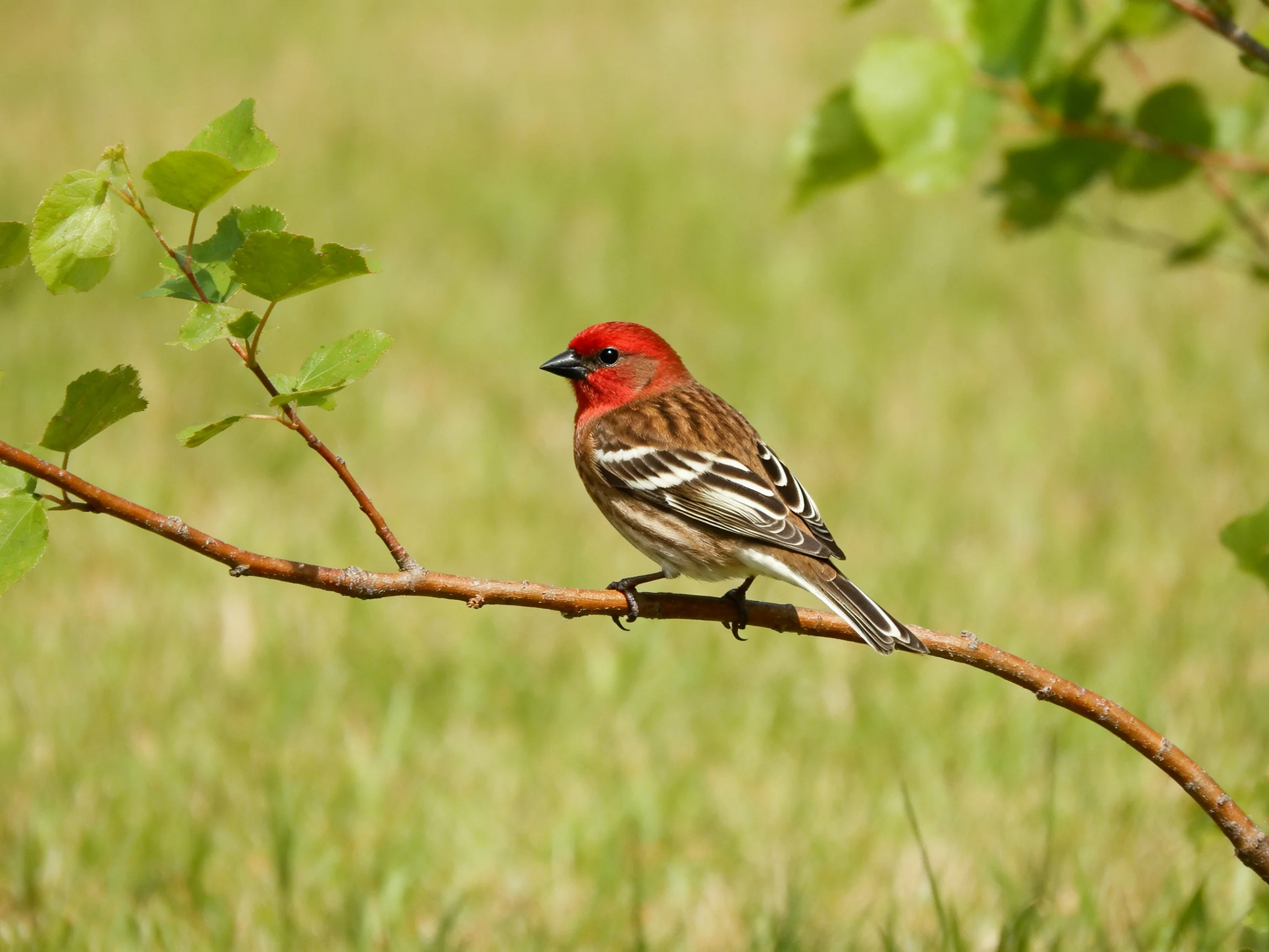 A red-headed bird with striped wings perches on a slender branch