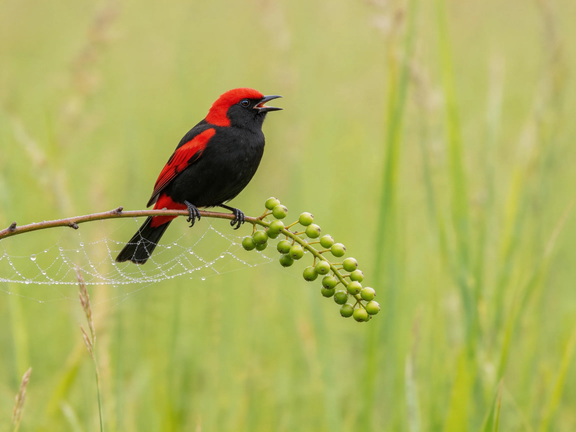 A red-headed blackbird perches on a berry-filled branch with dewy spider web