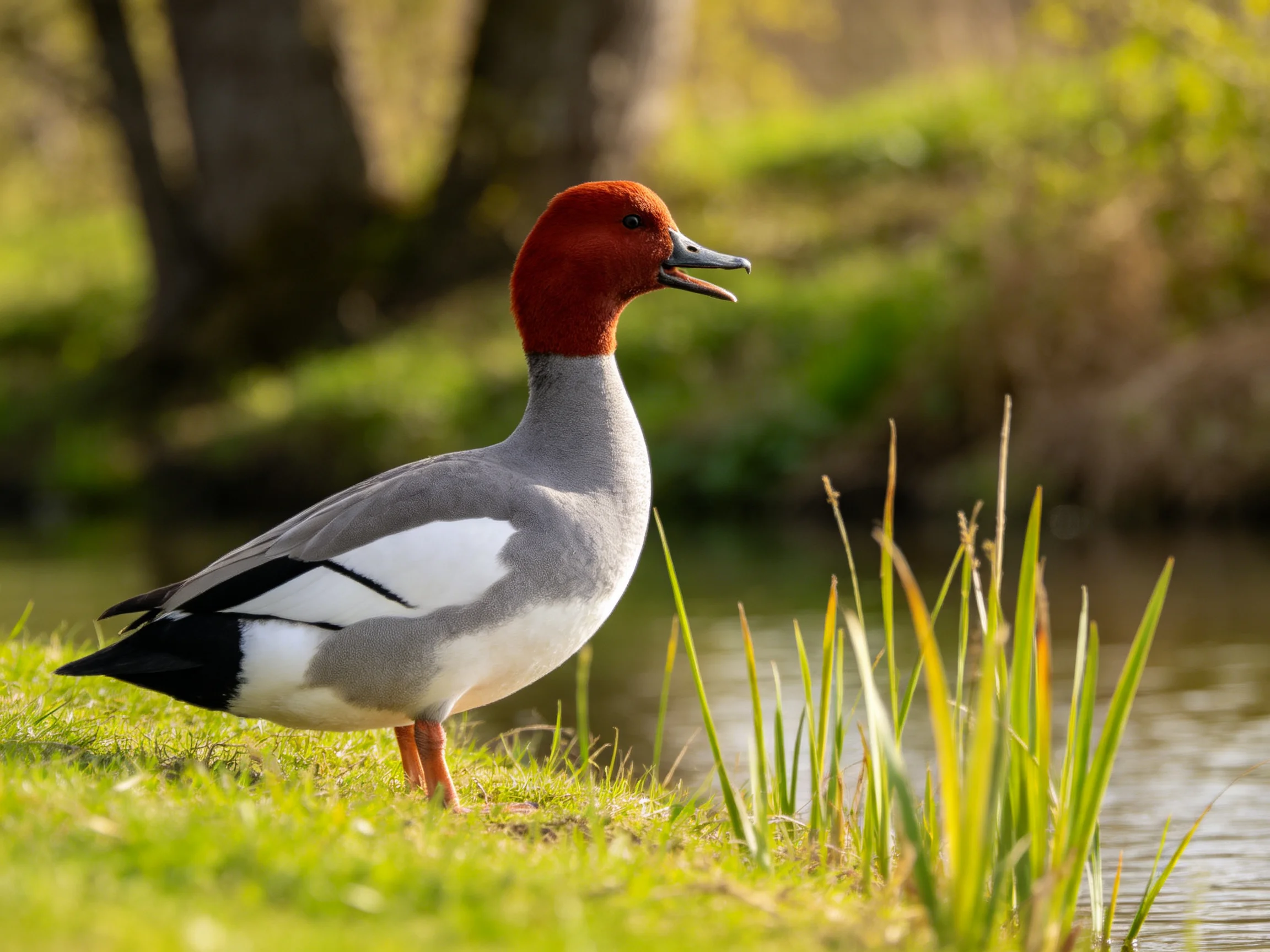 A red - headed duck near a calm water edge with tall grass