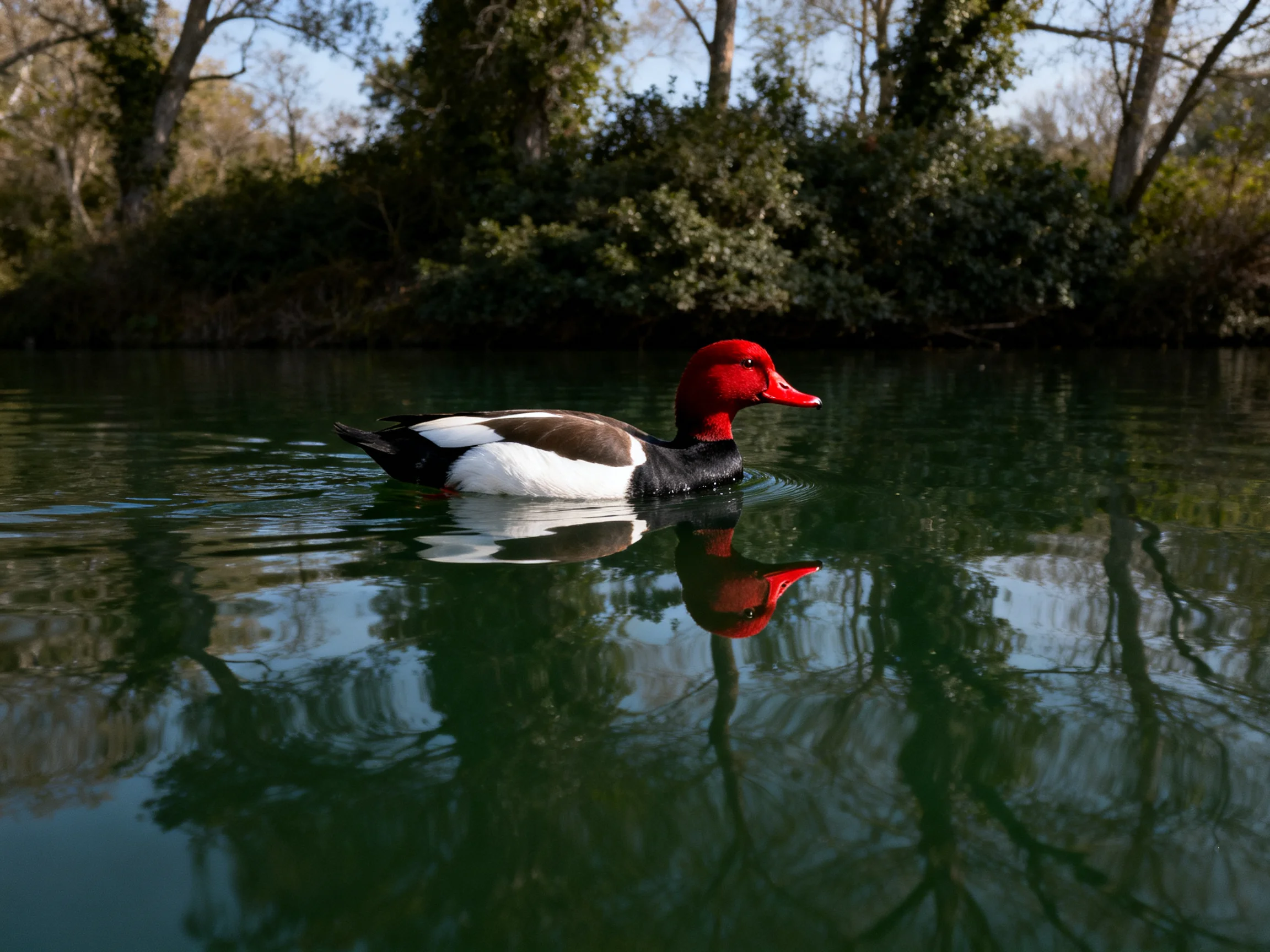 A red-headed duck swims in calm green water near leafy trees