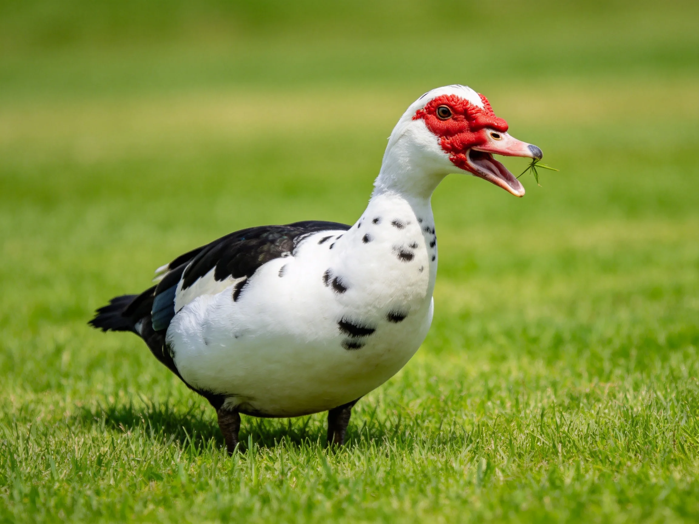 A red-headed duck with black spots on green grass
