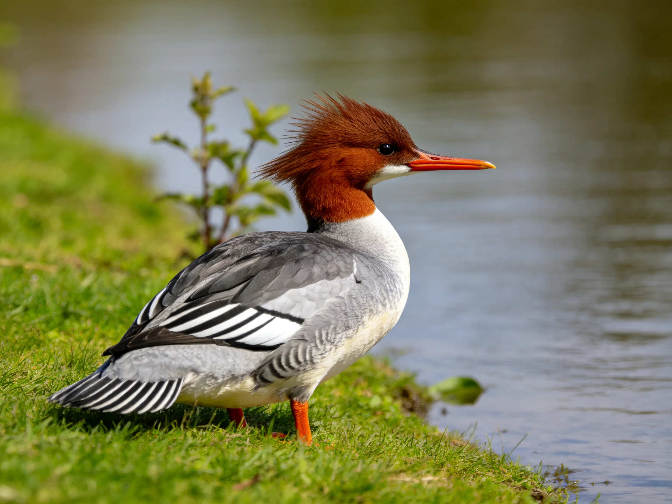 A red-headed duck with gray wings by calm water