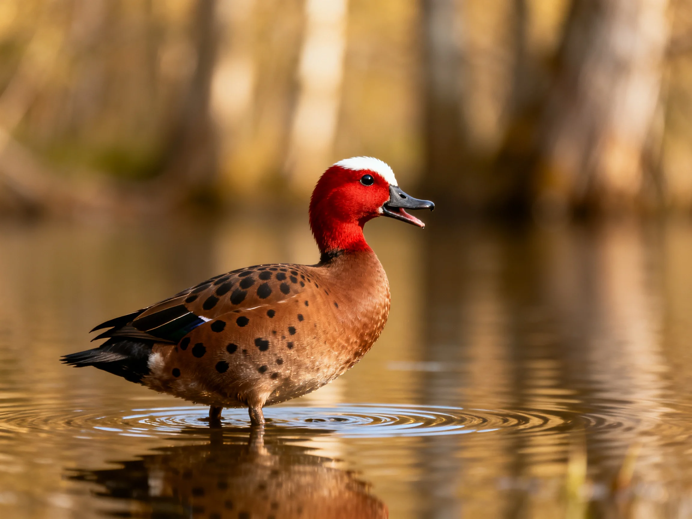 A red-headed duck with spotted brown plumage stands in shallow water