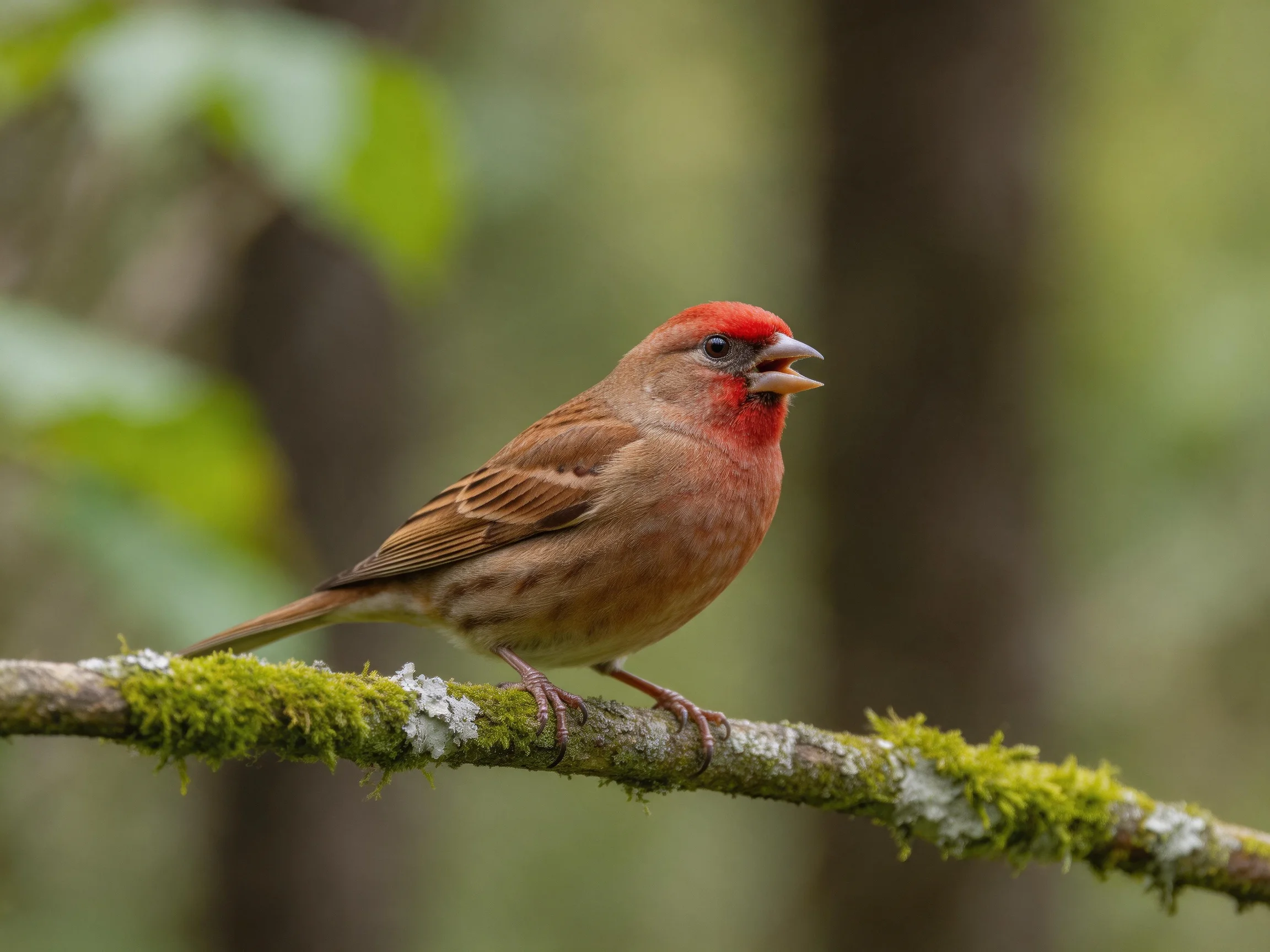 A red-headed finch perches on a mossy tree branch