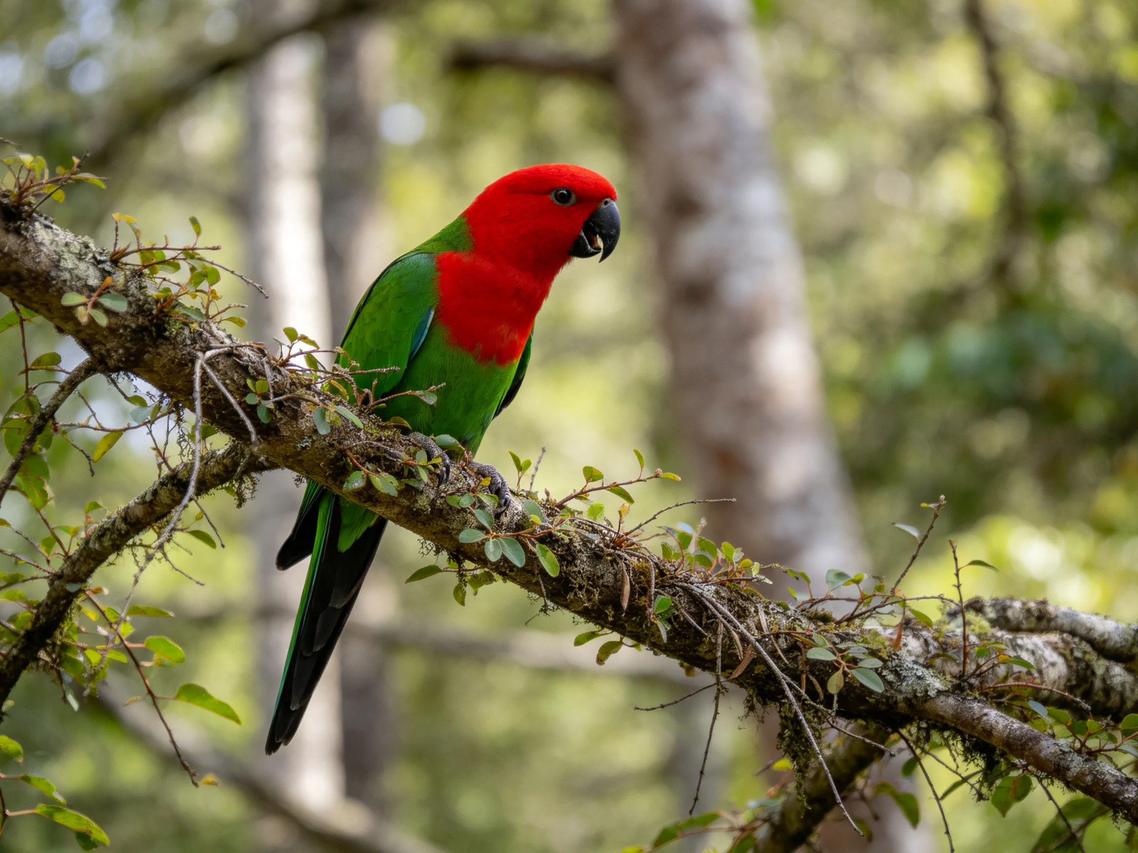 A red-headed parrot with green plumage perches on a mossy branch