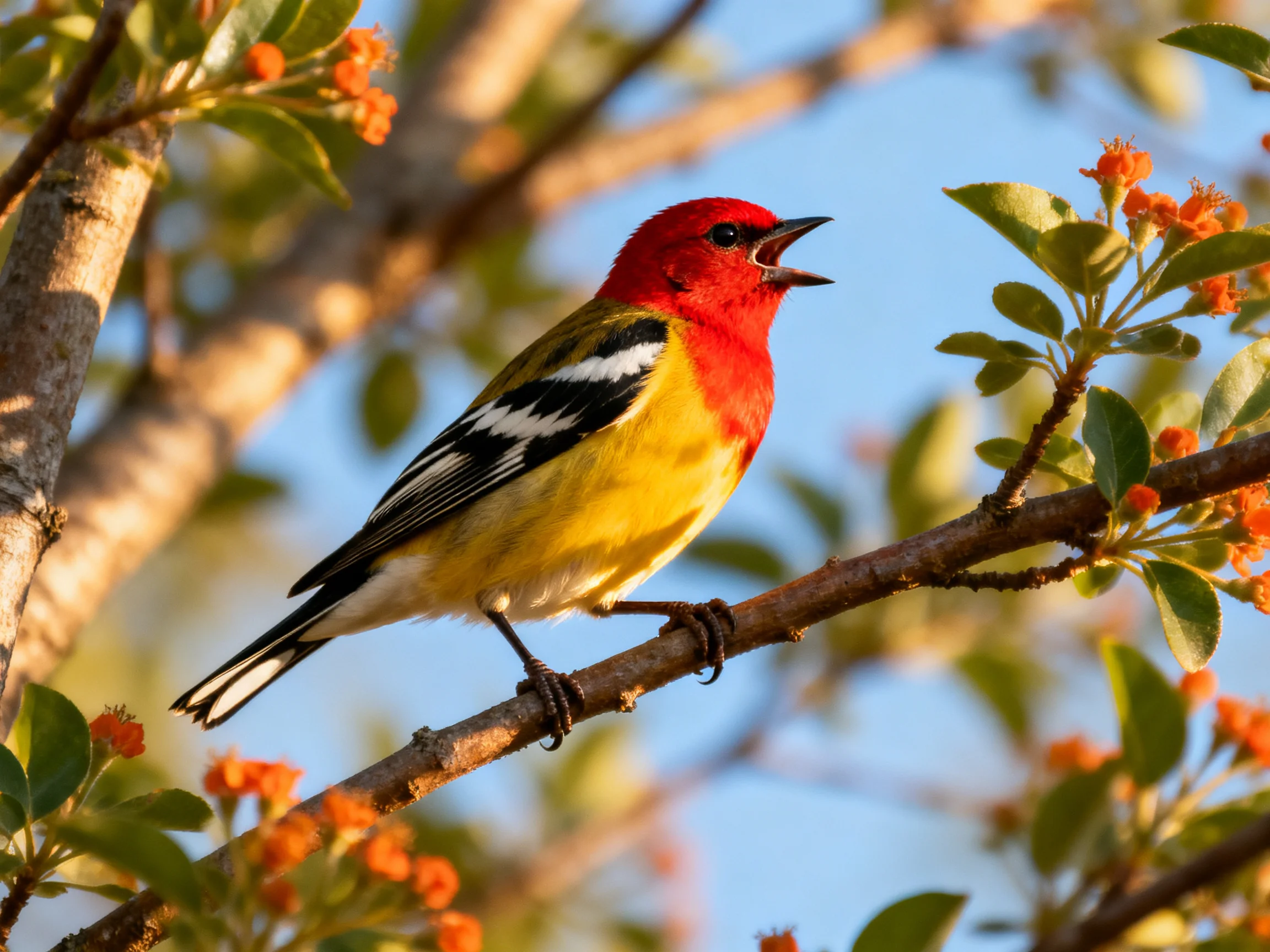 A red-headed songbird perched on orange-flowered branches