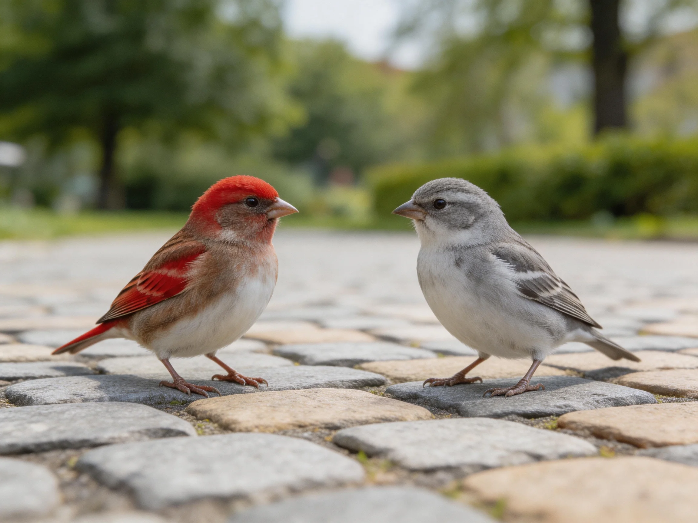 A red-headed sparrow and a gray sparrow face each other on cobblestones