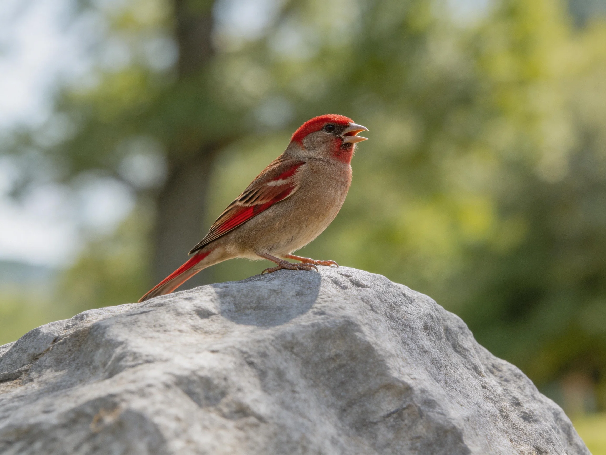 A red-headed sparrow perches on a textured gray rock