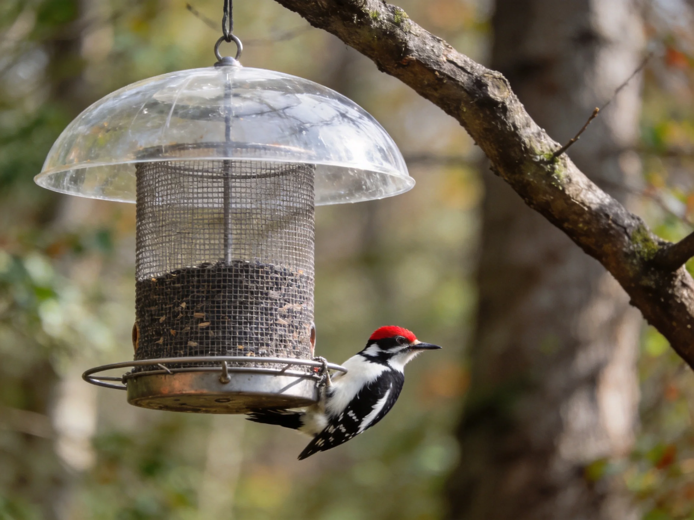 A red-headed woodpecker clings to a seed-filled bird feeder
