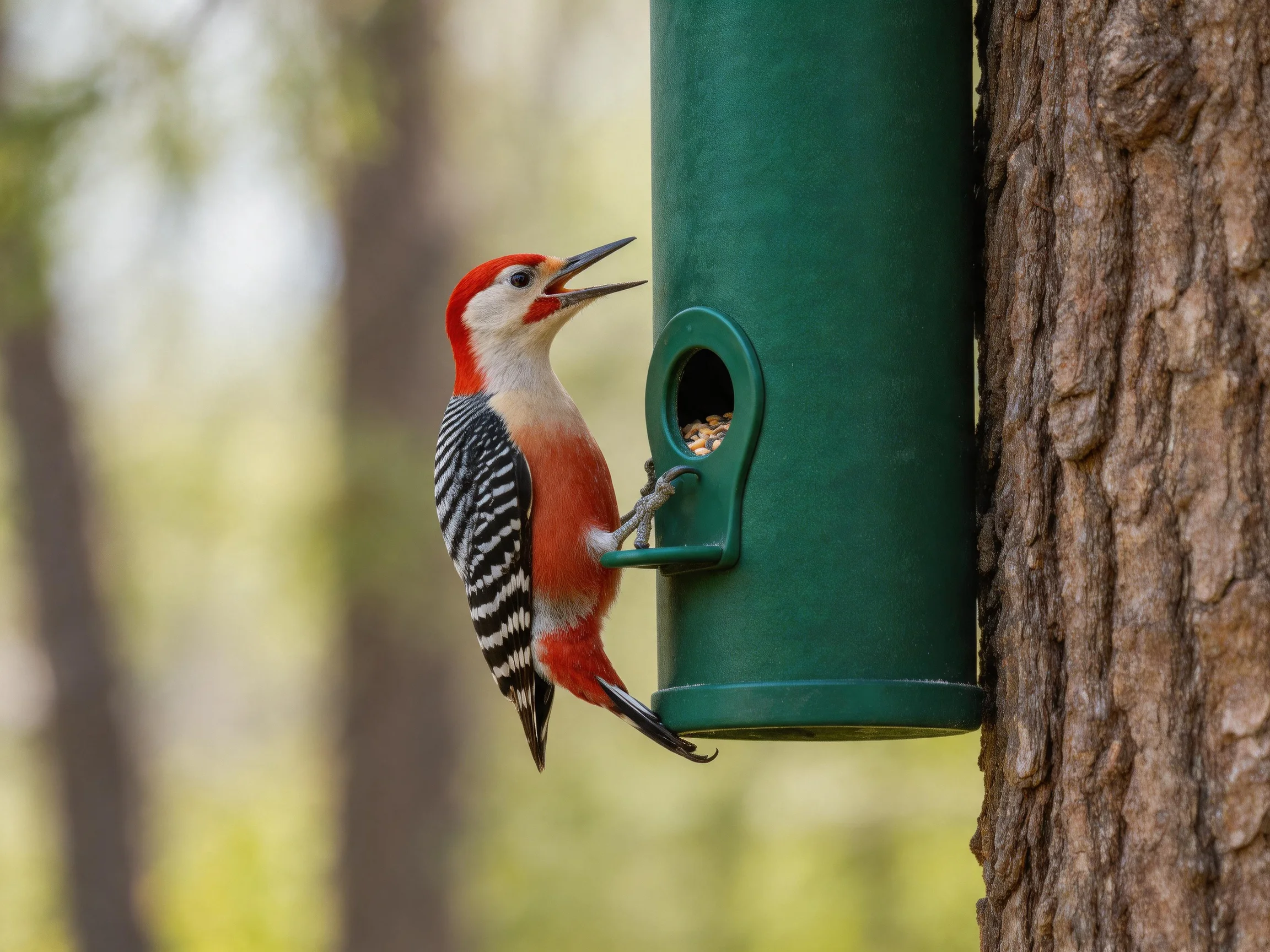 A red-headed woodpecker feeding from a green bird feeder attached to a brown tree trunk