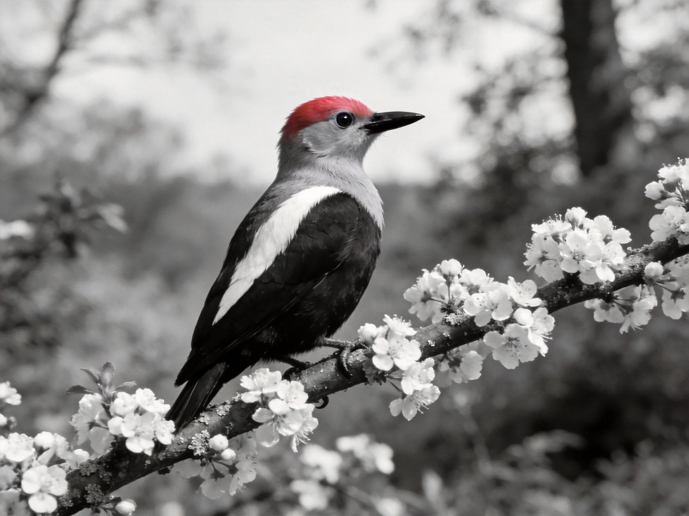 A red-headed woodpecker perched on a flowering branch