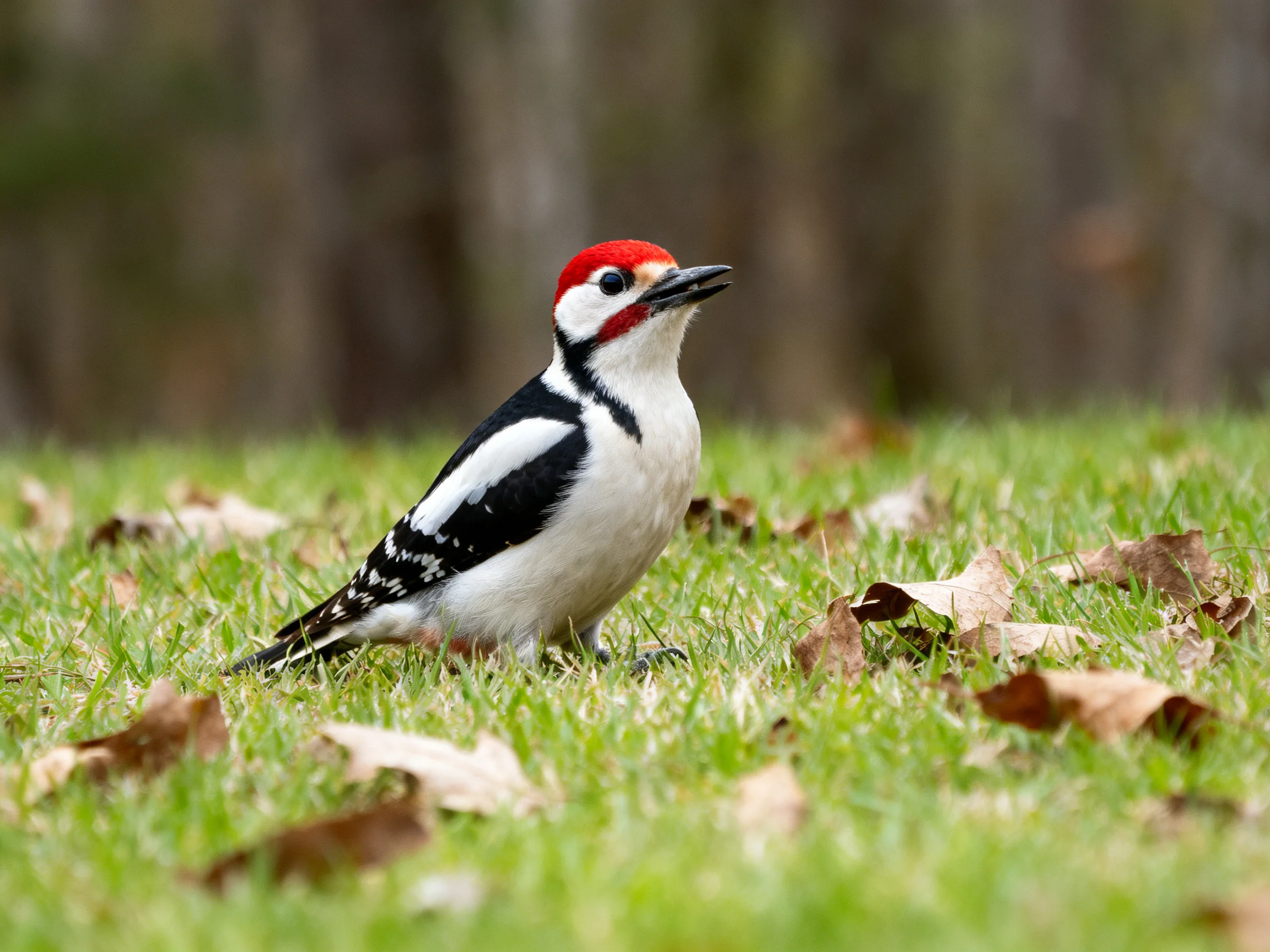 A red-headed woodpecker perched on green grass with brown leaves