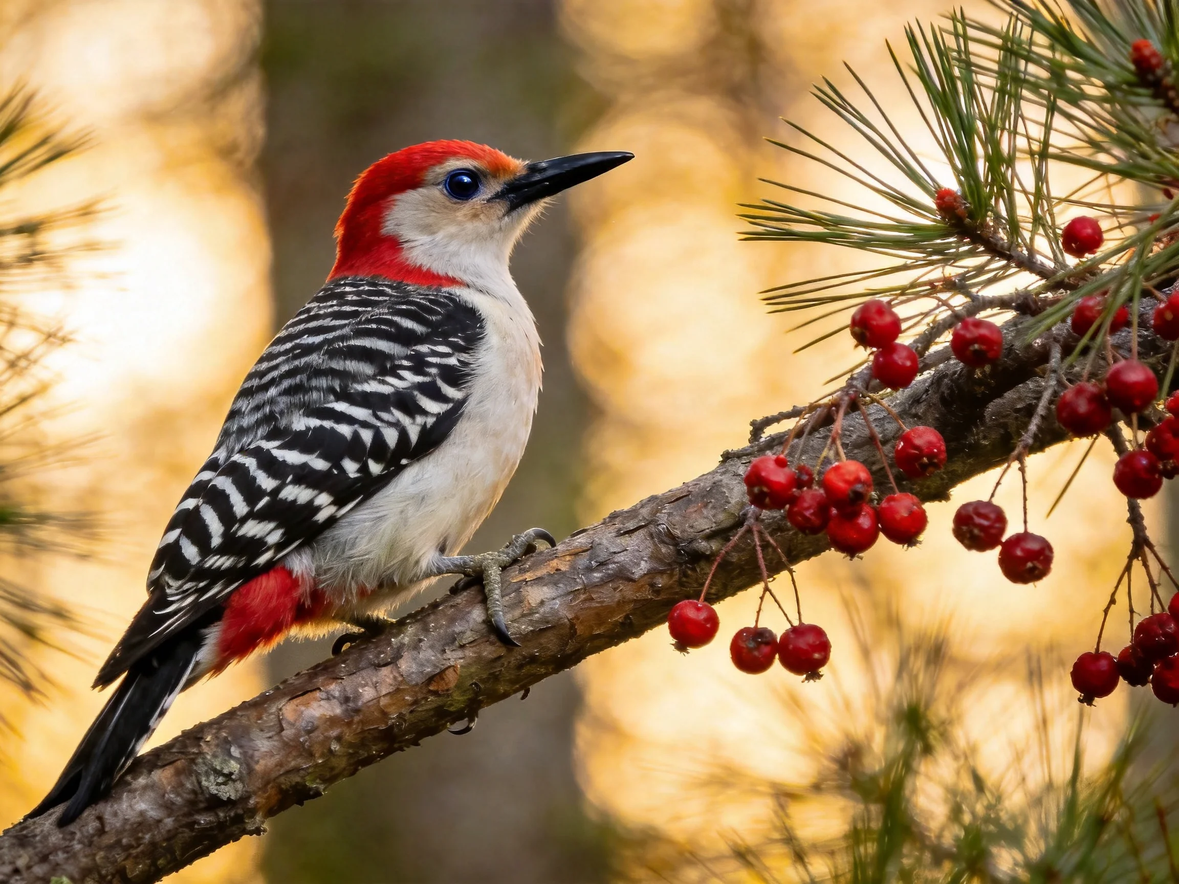 A red-headed woodpecker perches near vibrant red berries on a pine branch