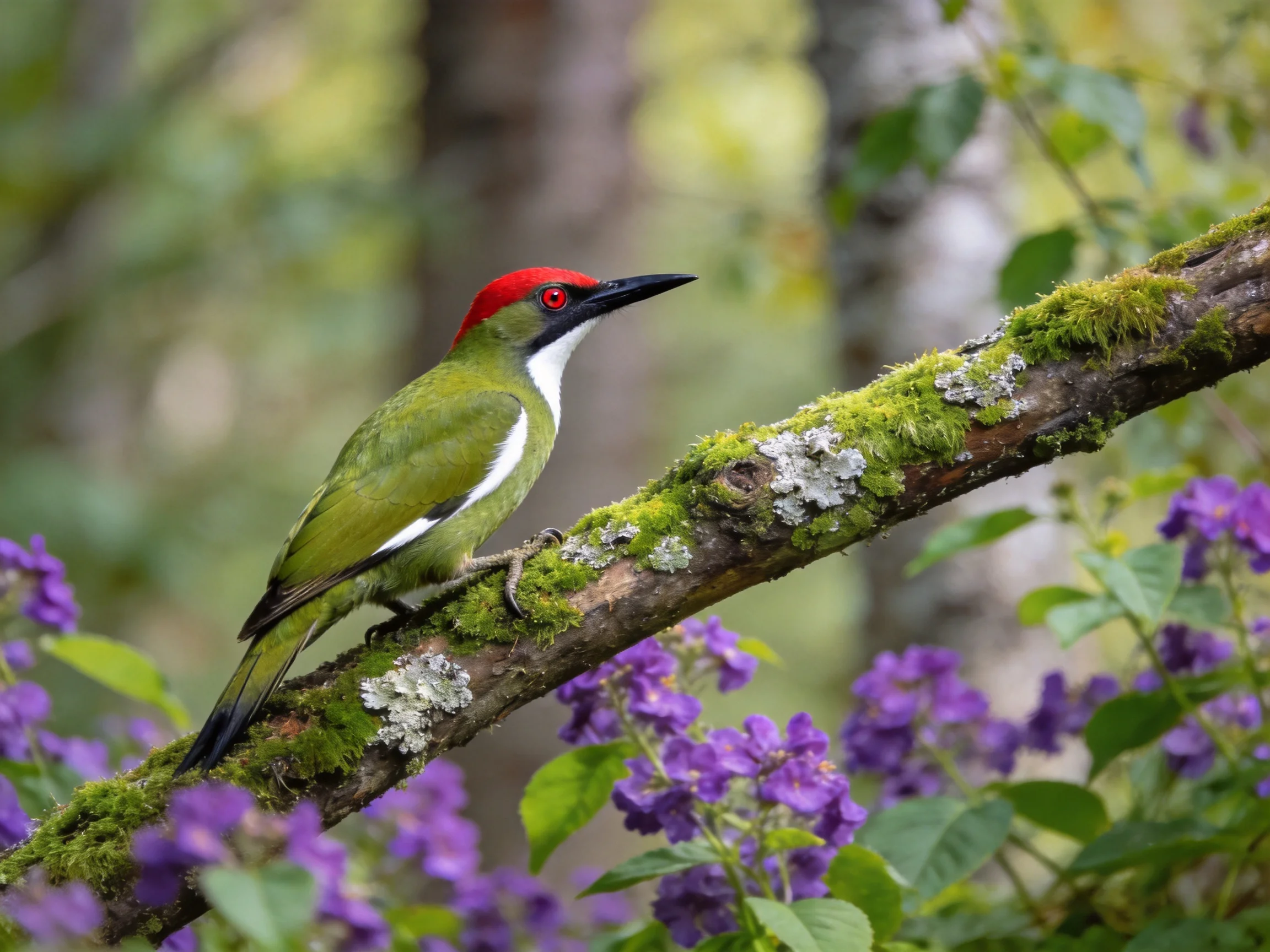 A red-headed woodpecker perches on a moss-covered branch