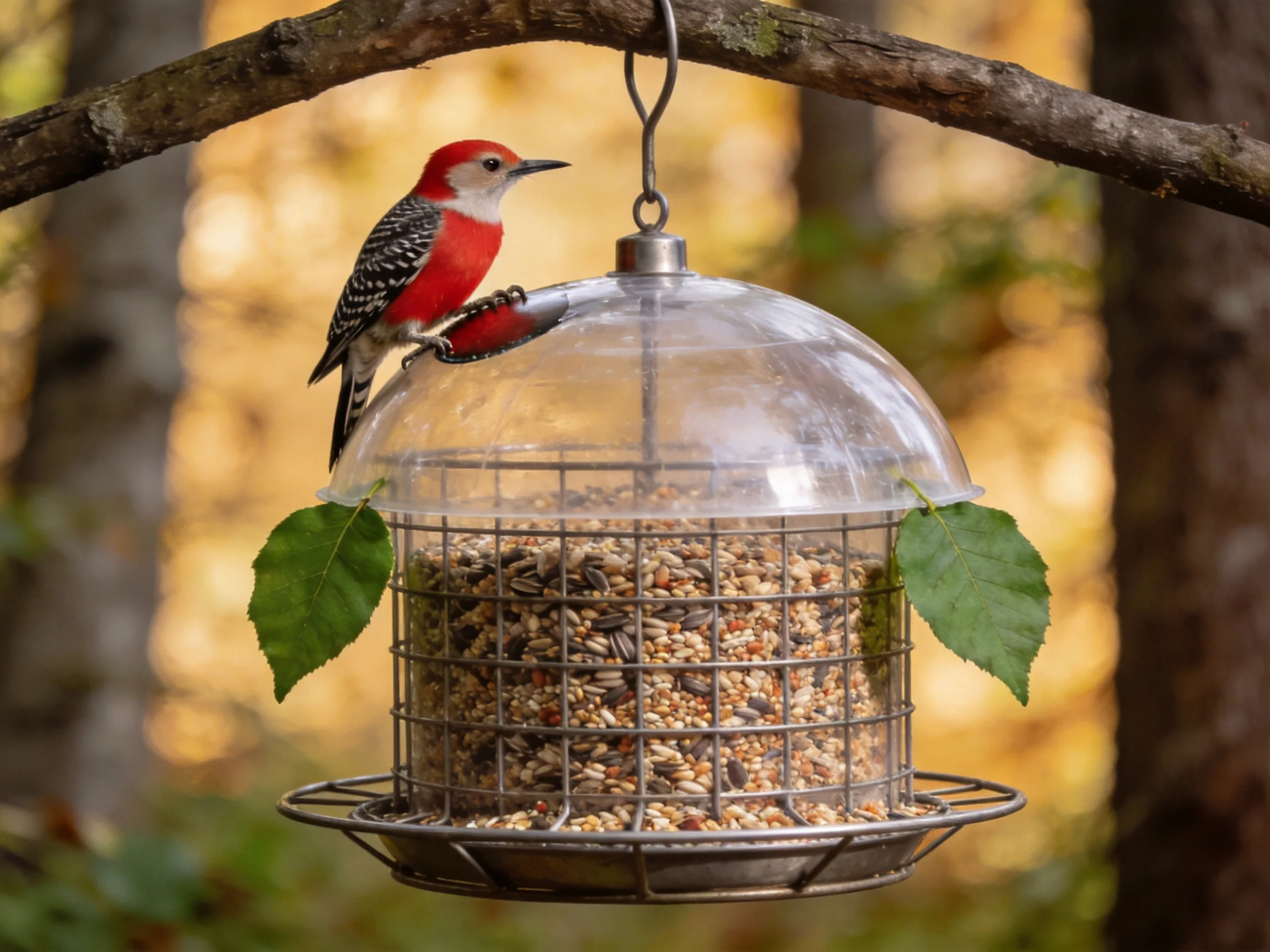 A red-headed woodpecker perches on a transparent bird feeder