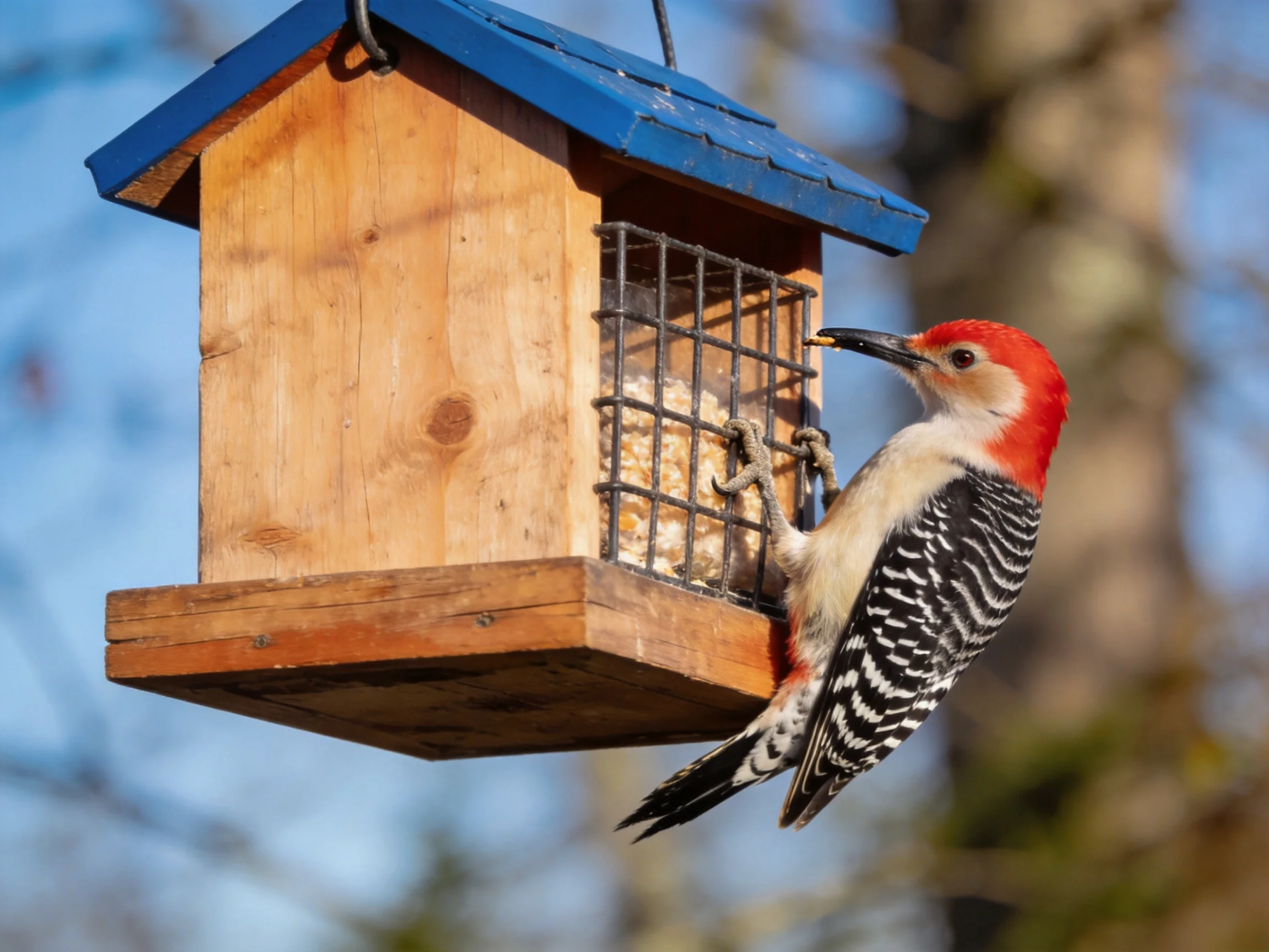 A red-headed woodpecker perches on a wooden bird feeder with blue roof