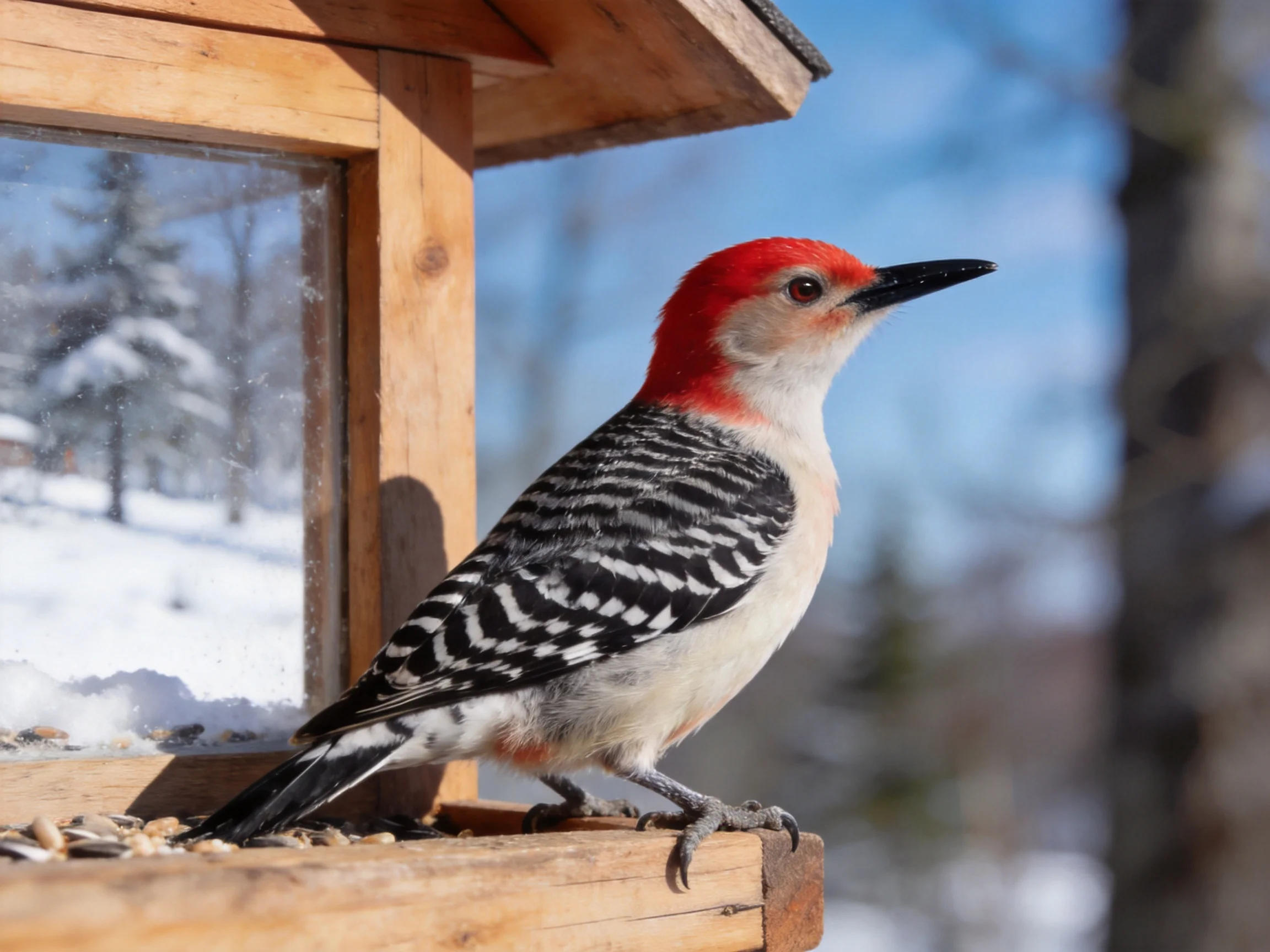 A red-headed woodpecker rests on a wooden bird feeder