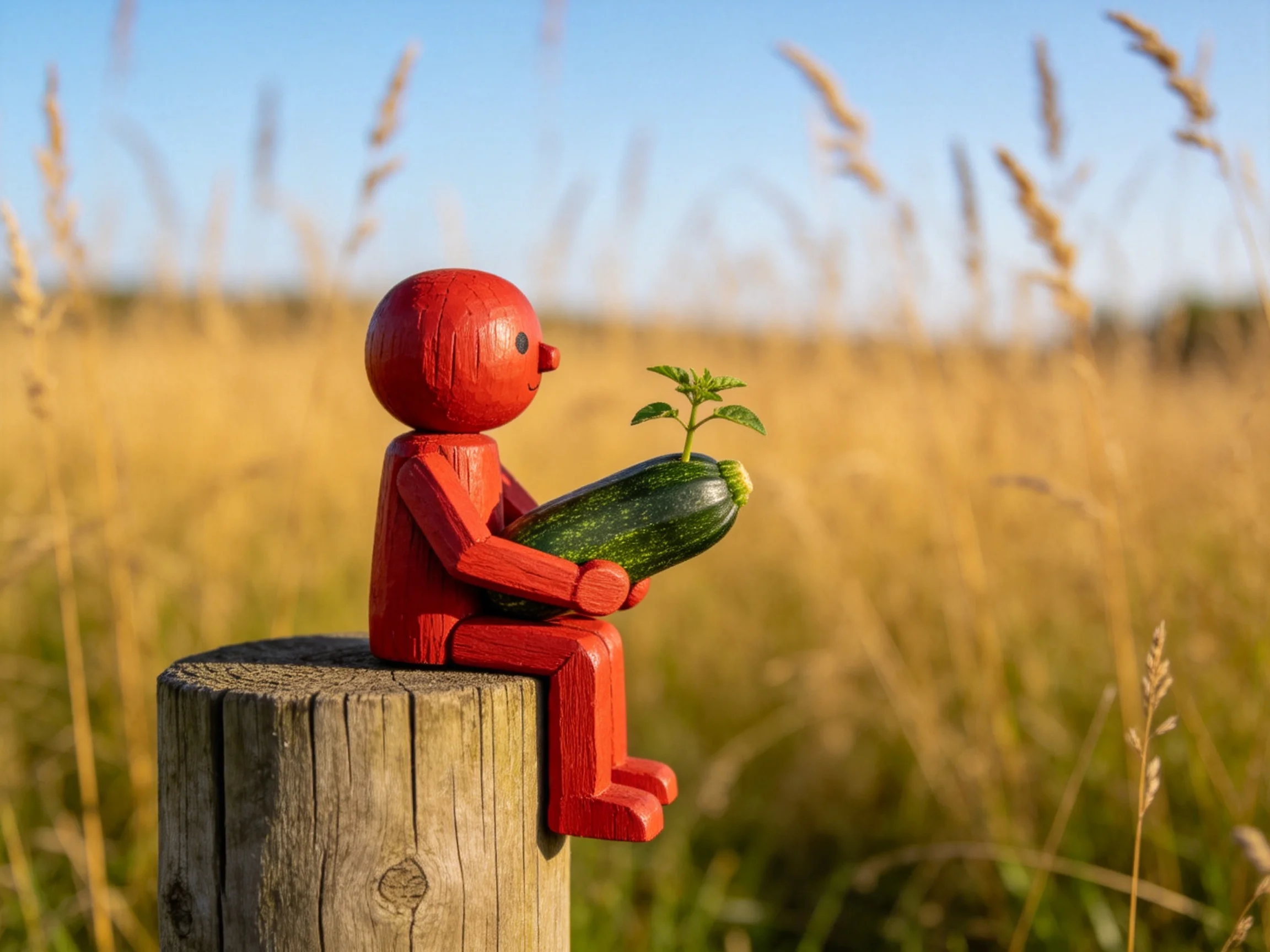 A red wooden figurine sits on a stump holding a green zucchini with a small plant