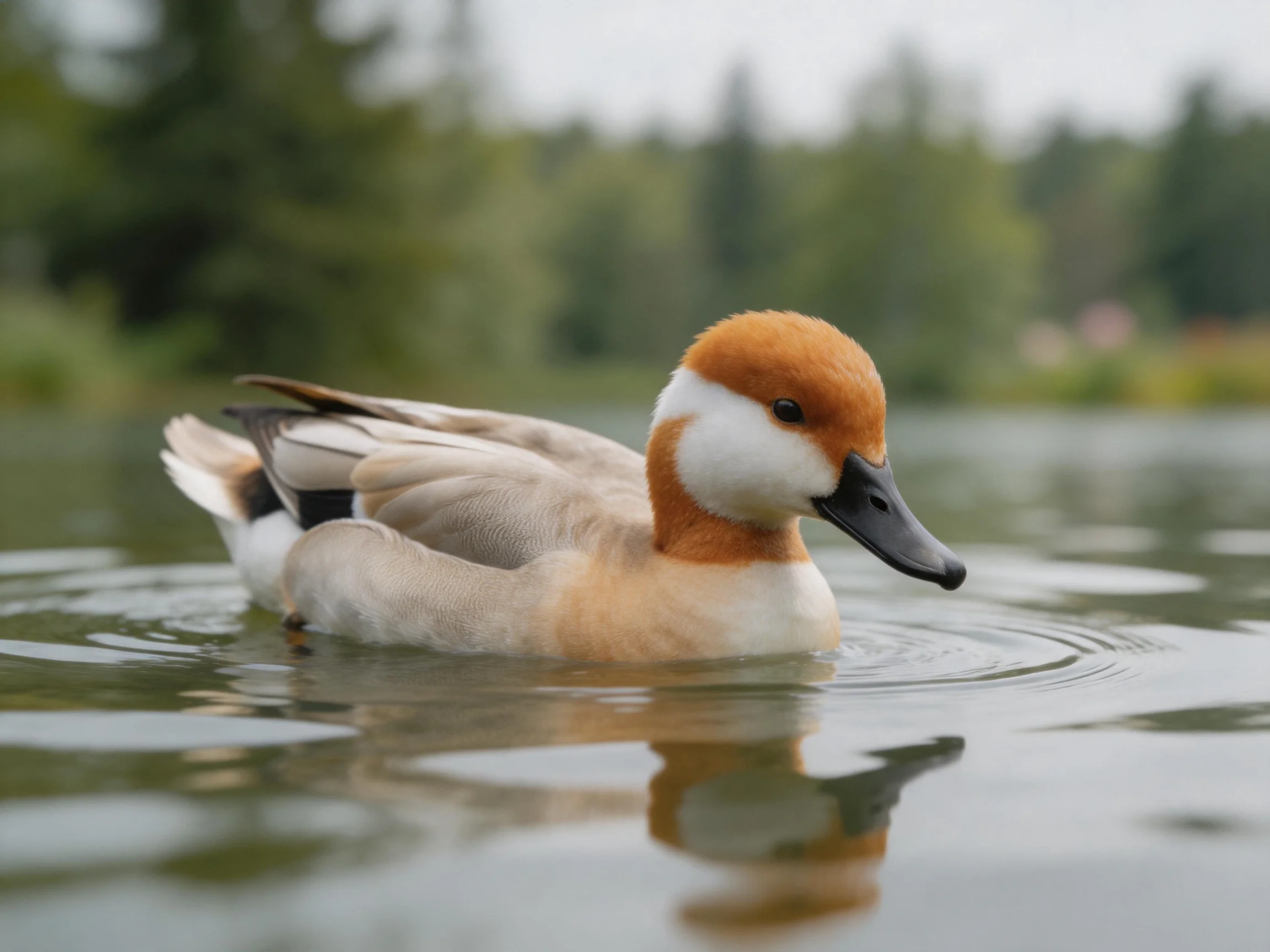 A reddish-brown headed duck swims in calm water amid greenery
