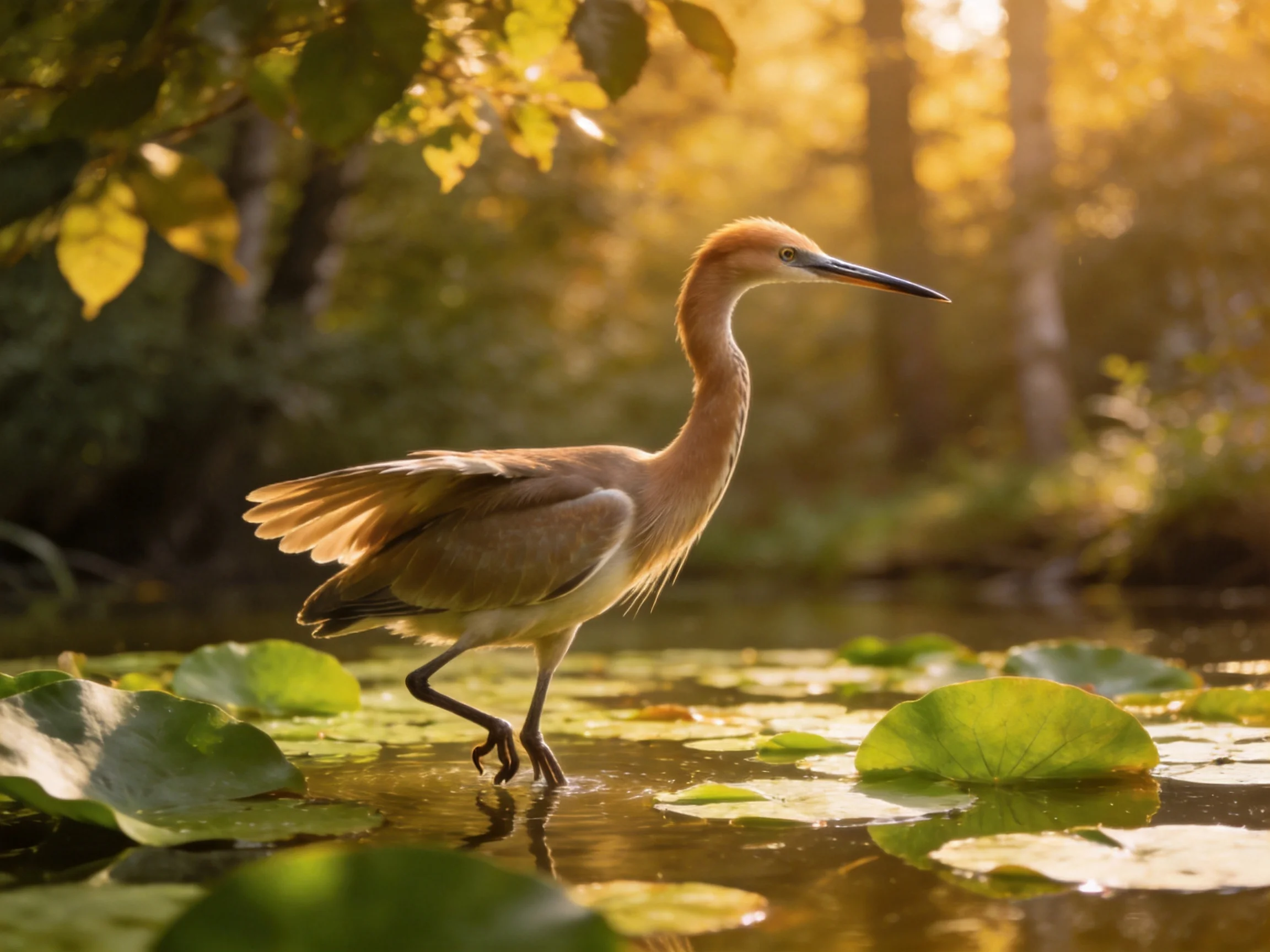 A reddish-brown heron wades among lily pads in sun-dappled water.