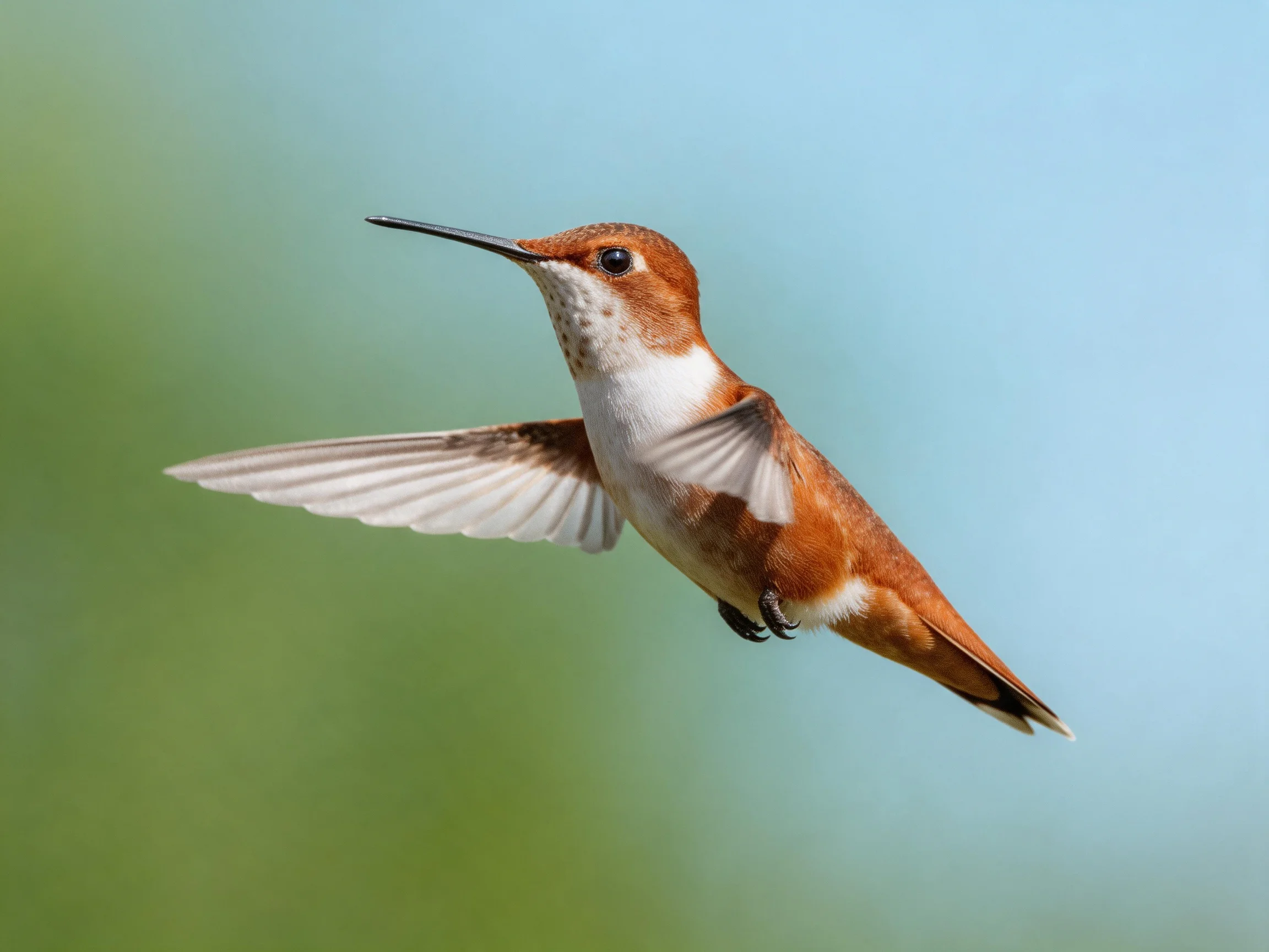 A reddish-brown hummingbird hovers mid-air with outstretched wings