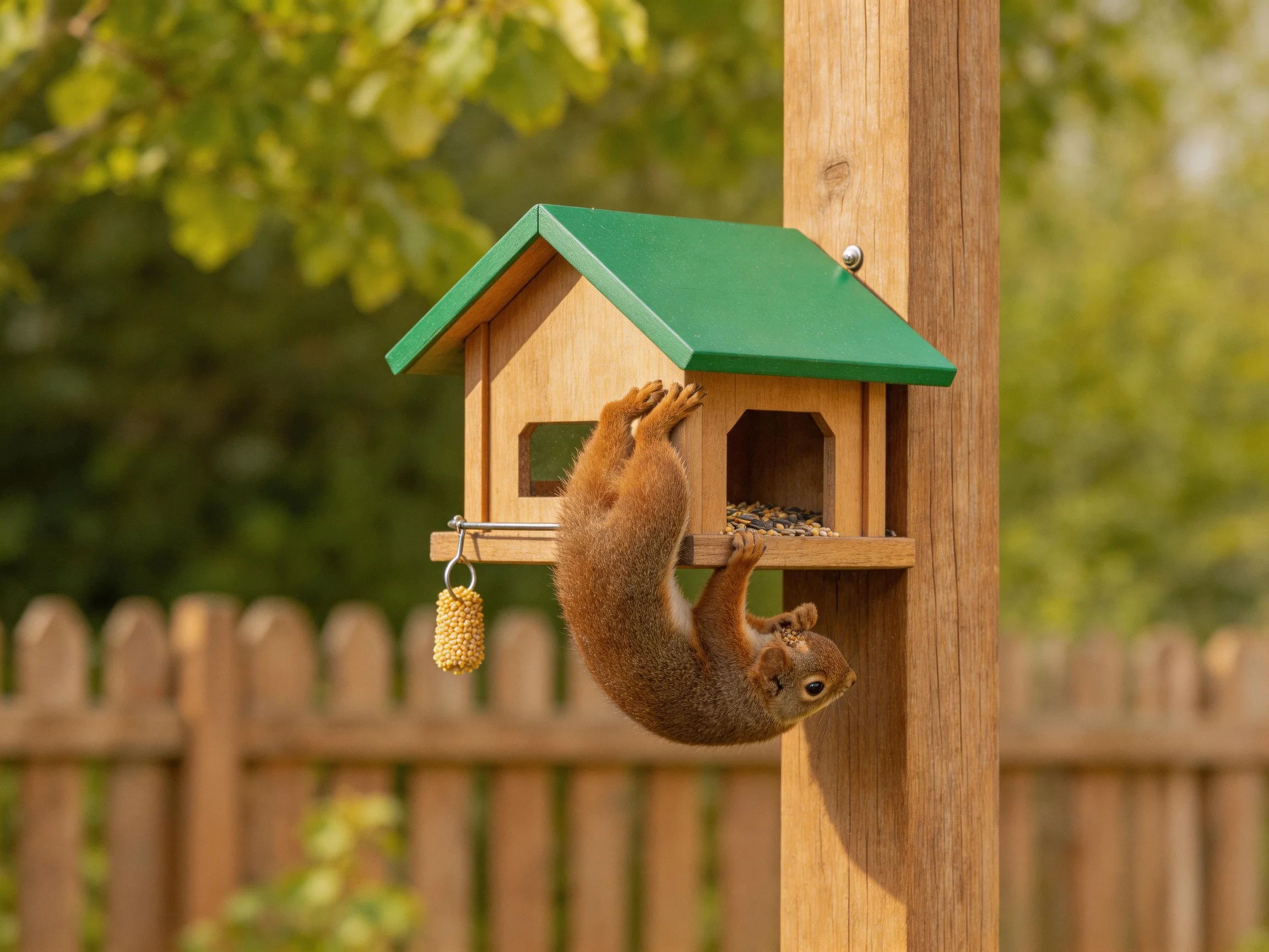 A reddish-brown squirrel climbs a wooden birdhouse with green roof
