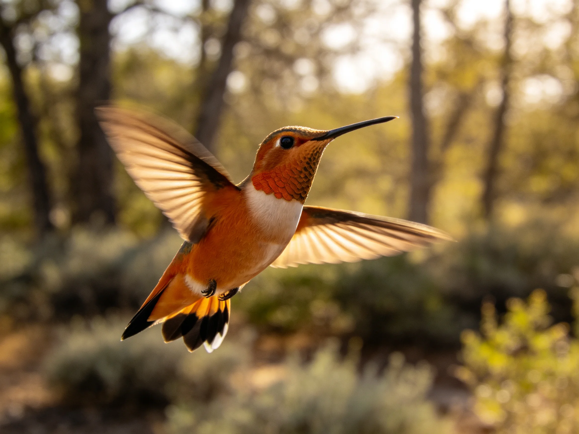 A reddish-orange hummingbird soars near sunlit trees