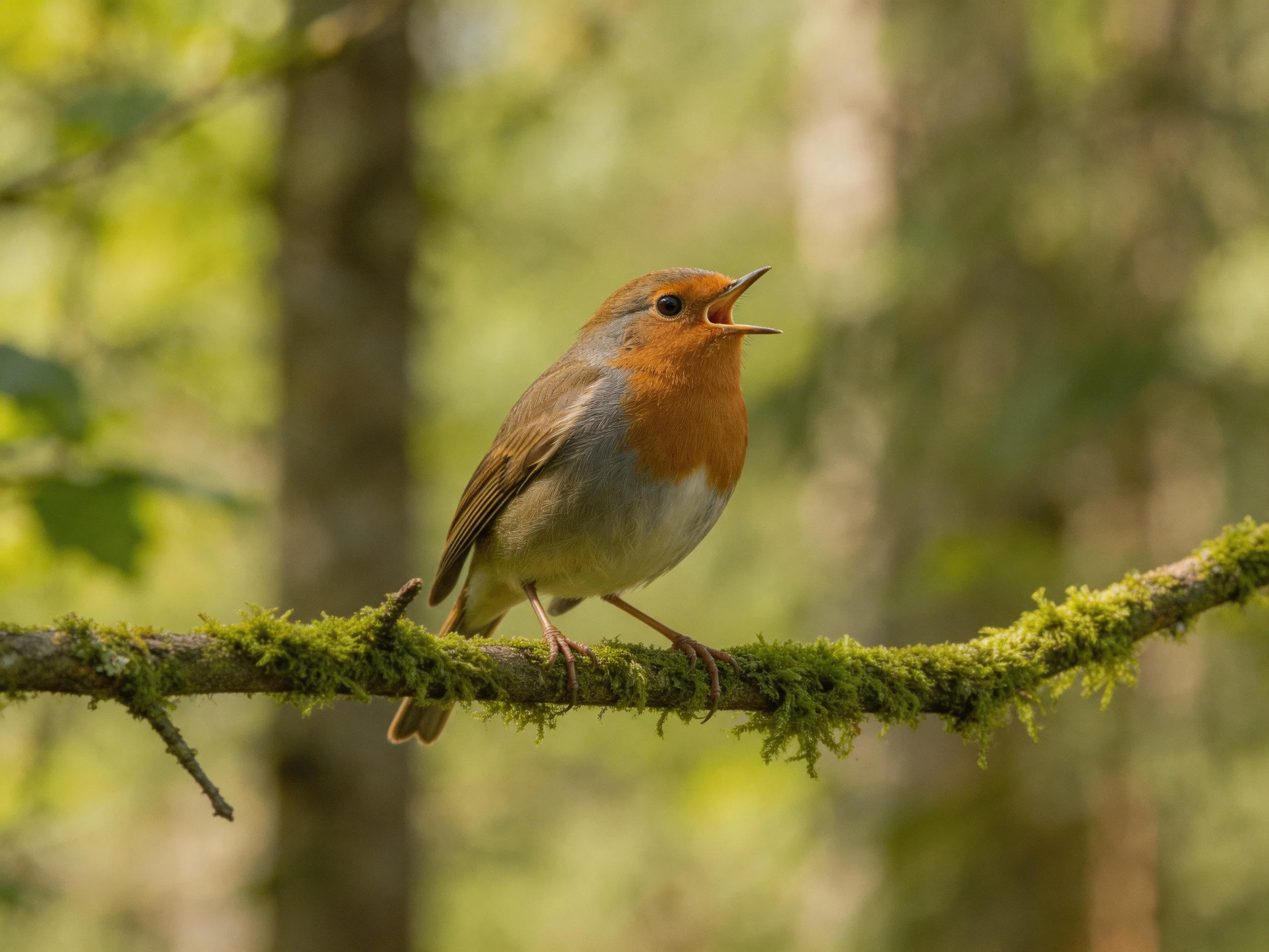 A robin with an orange chest perches on a mossy branch in a forest