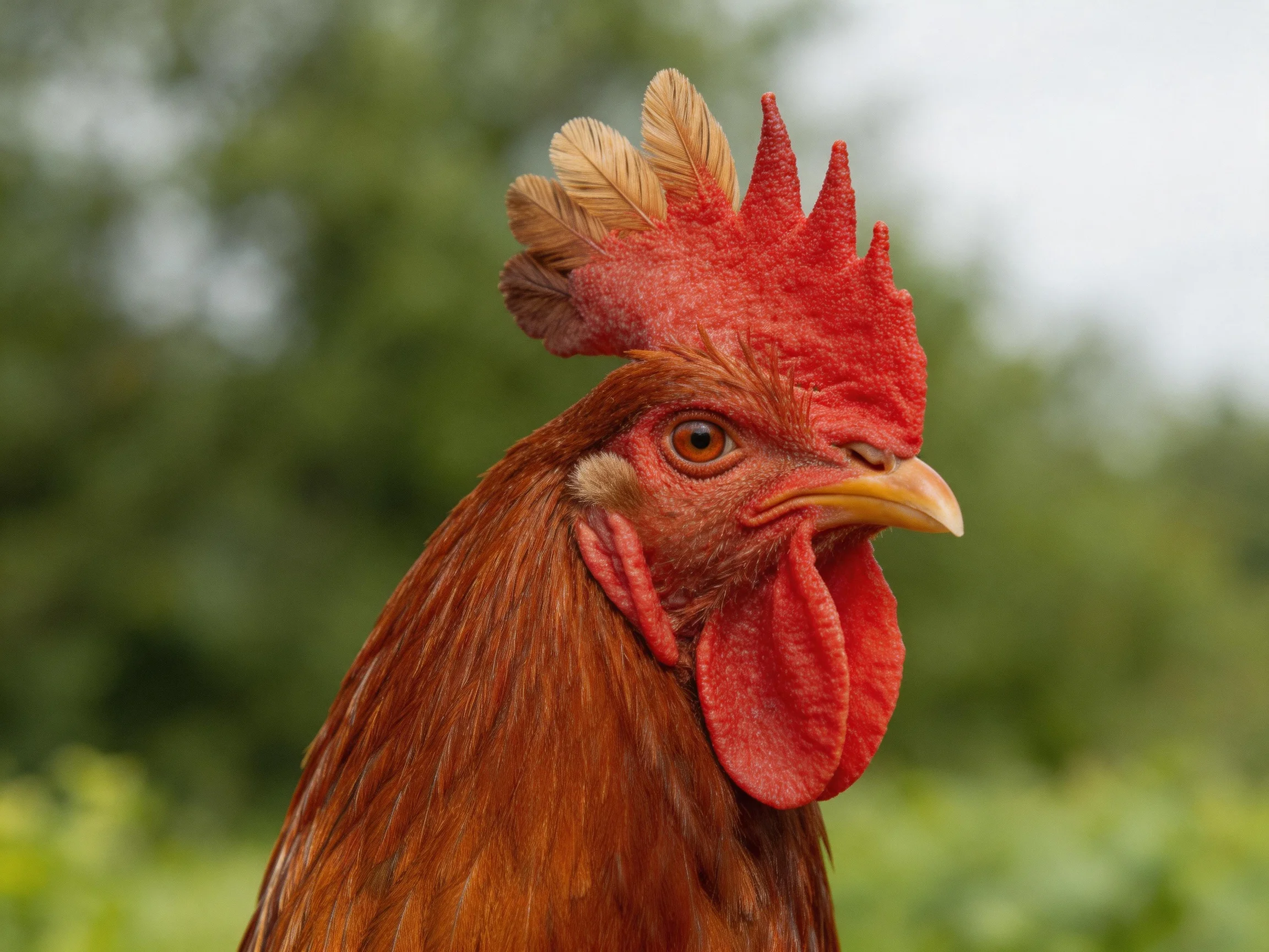A close-up of a rooster with a red comb and brown feathers against a blurred green background.