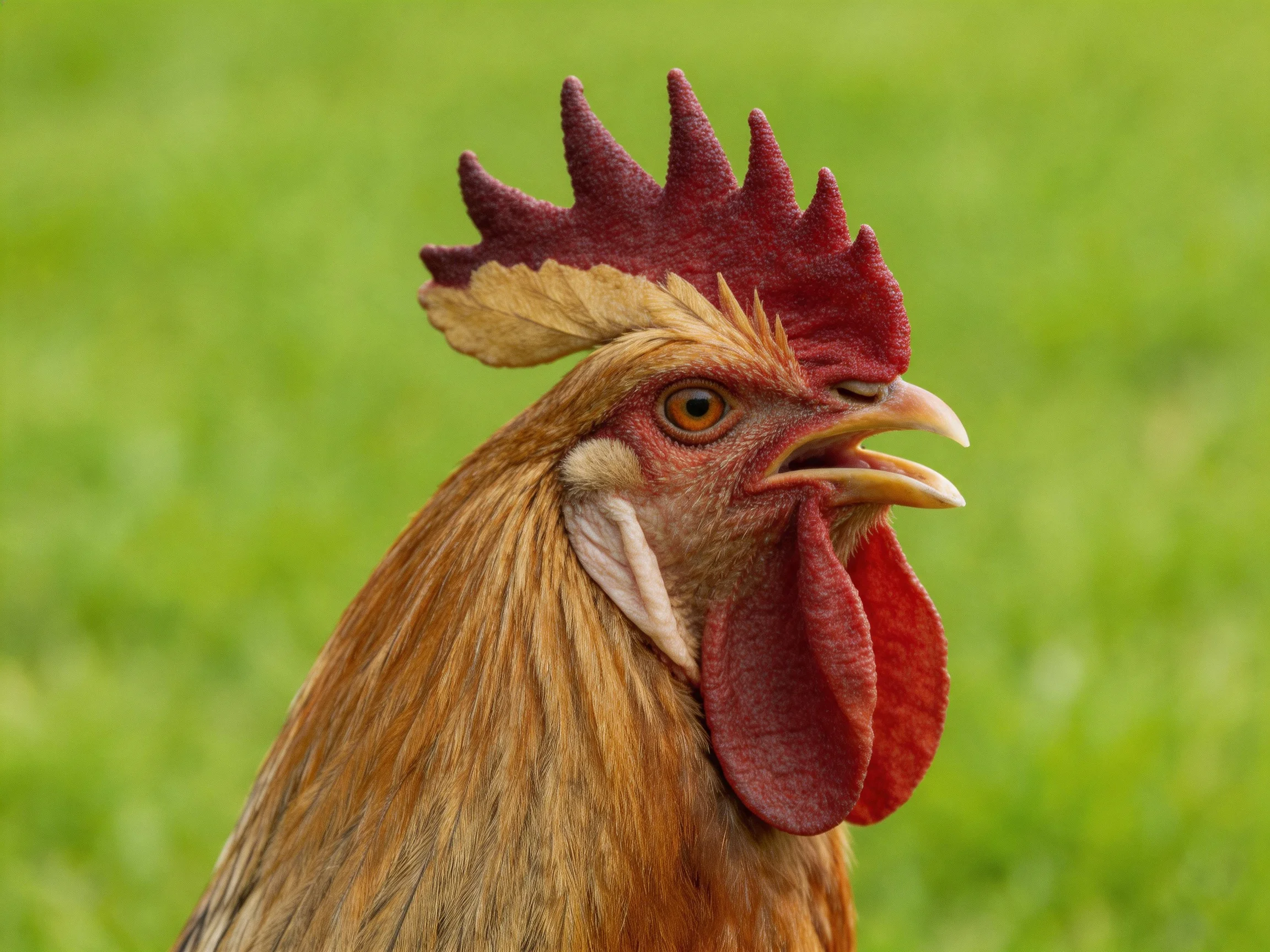 A rooster with a red comb and golden feathers is depicted in a green outdoor scene.