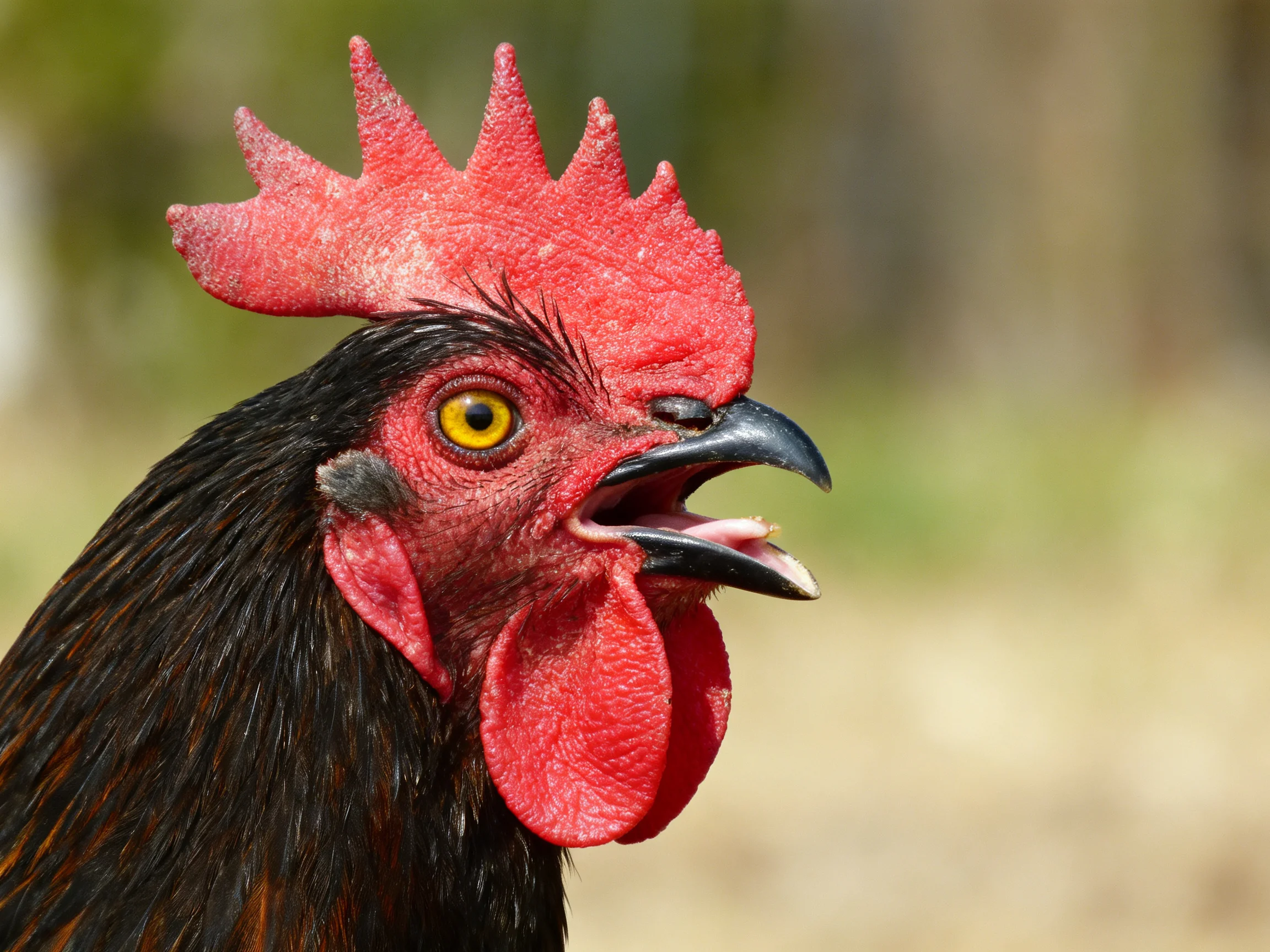 A rooster with a bright red comb and dark feathers is shown up close.