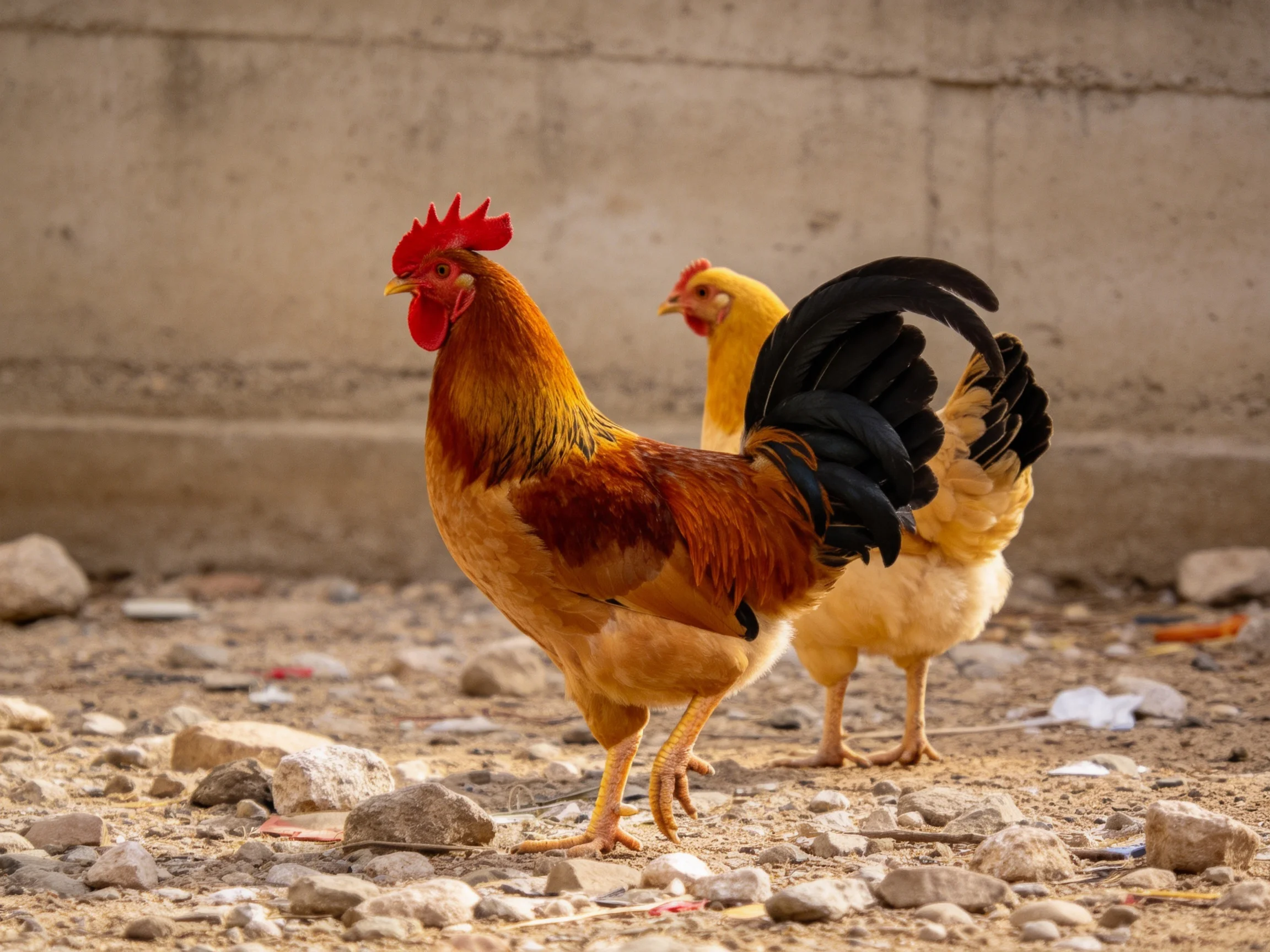 A rooster with glossy black tail feathers stands beside a yellow hen near a concrete wall