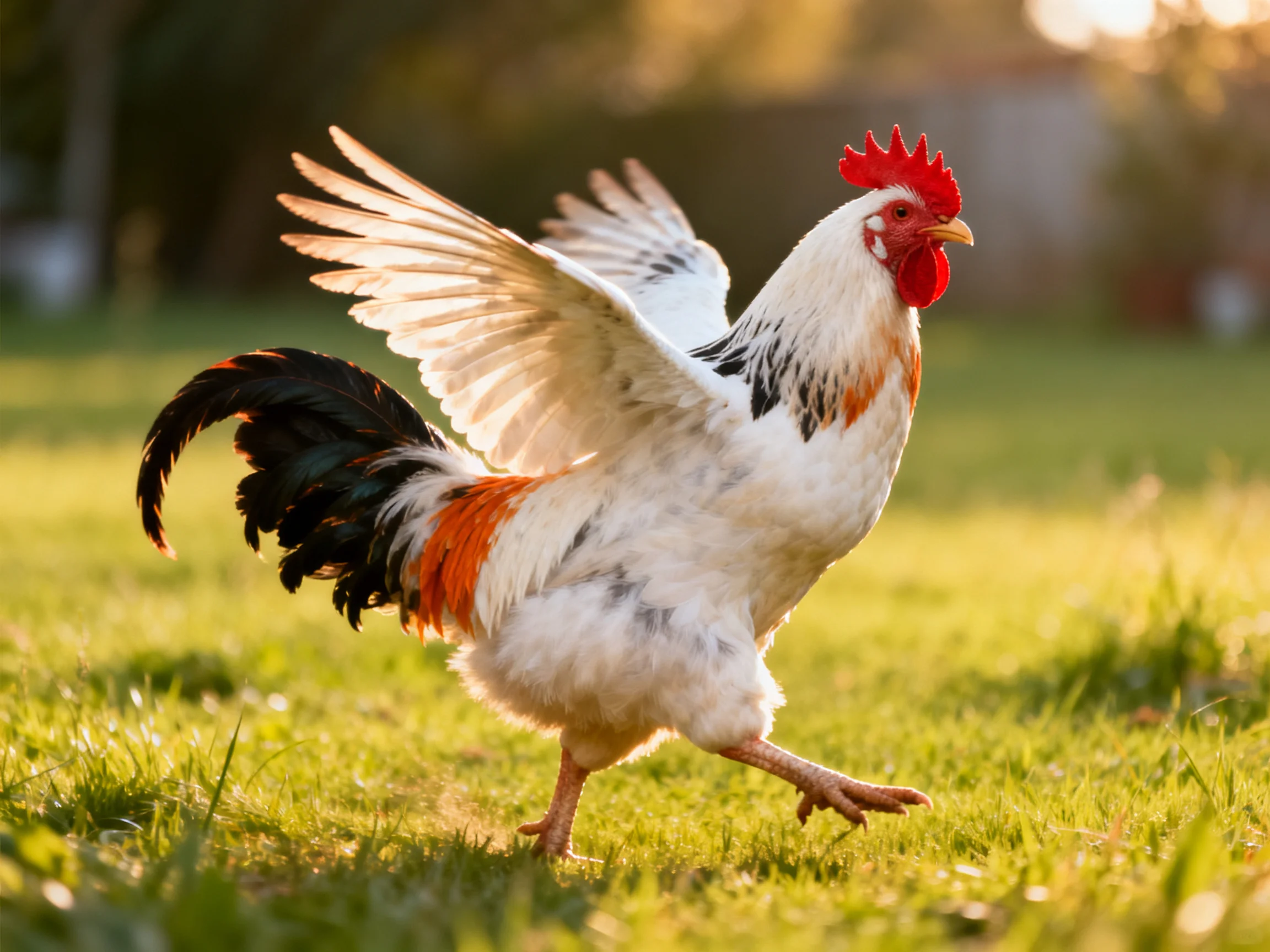 A rooster with multicolored plumage moves through a sunlit meadow
