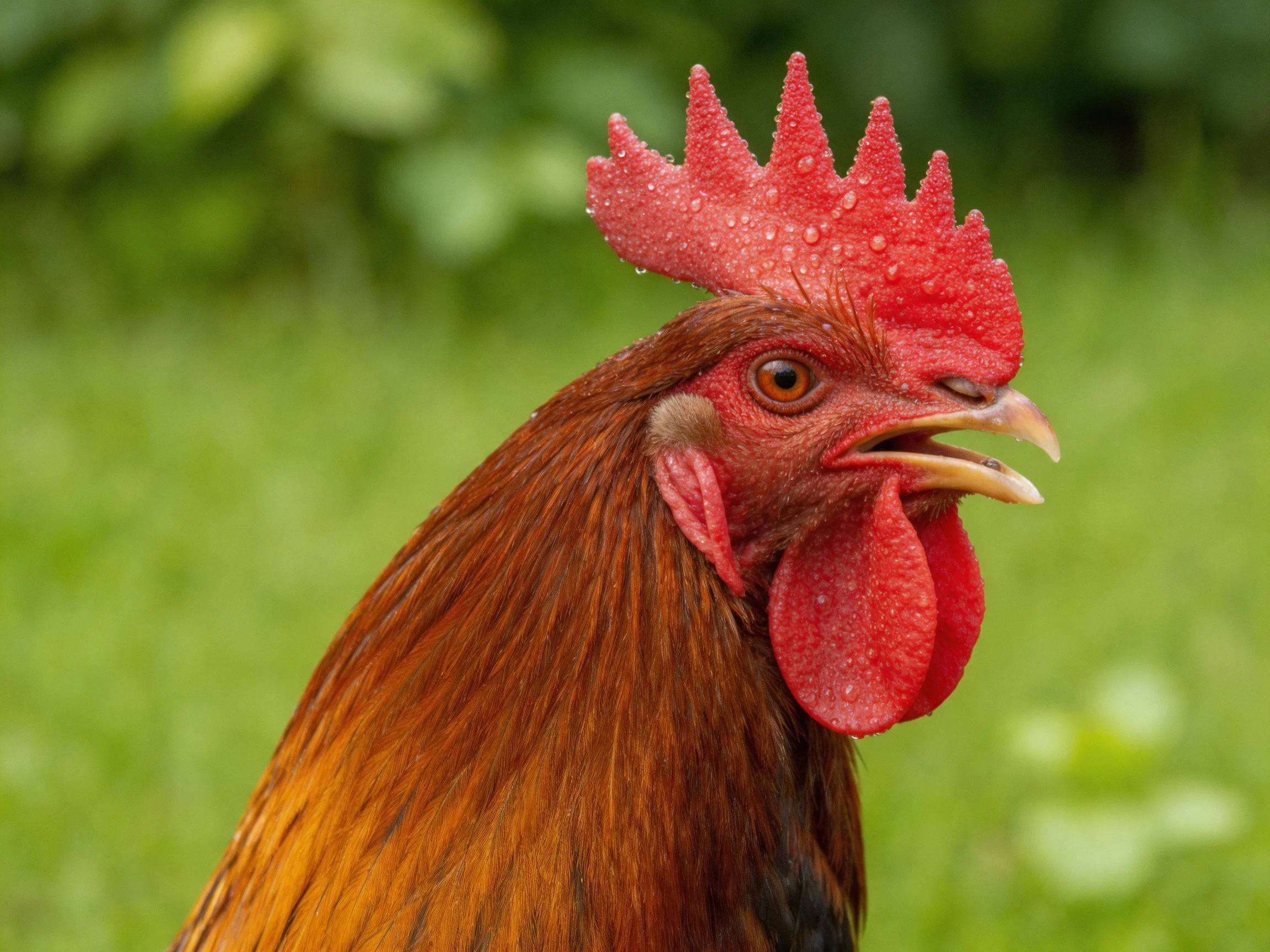 A rooster with a red comb is shown up close against green foliage.