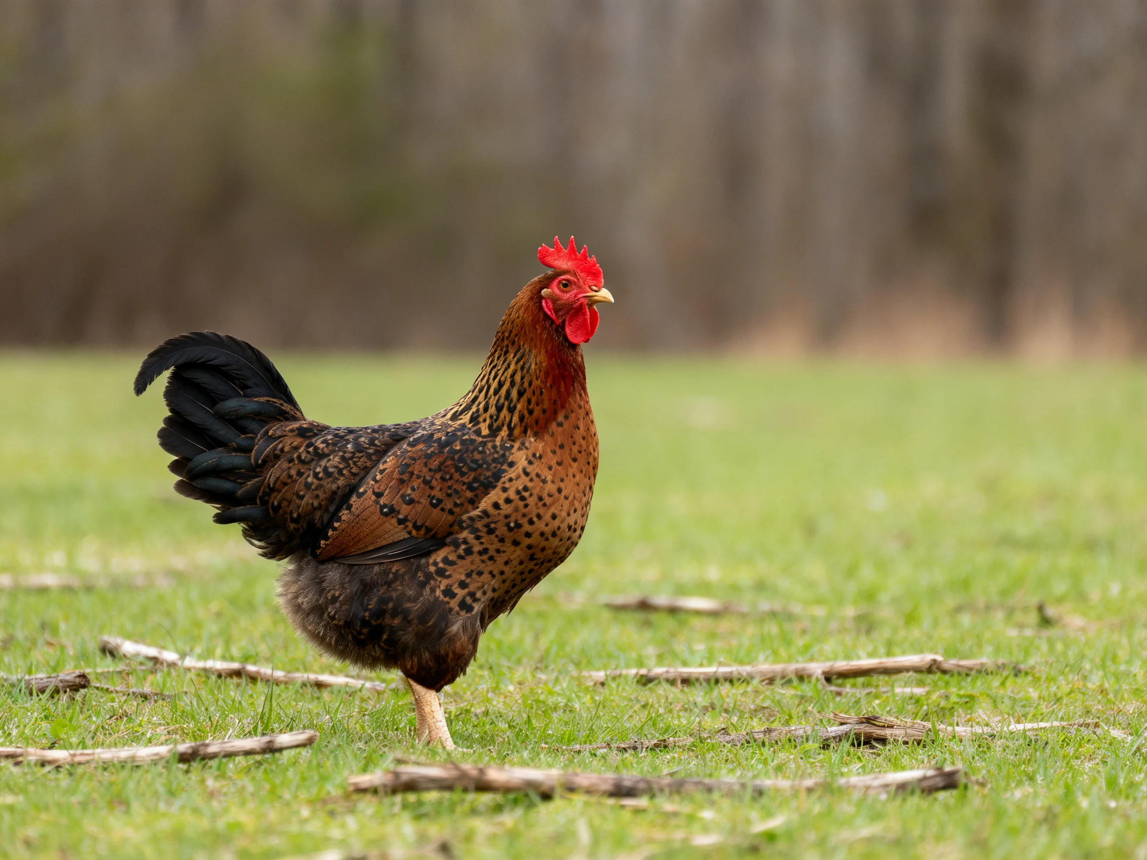 A rooster with red comb on green grass
