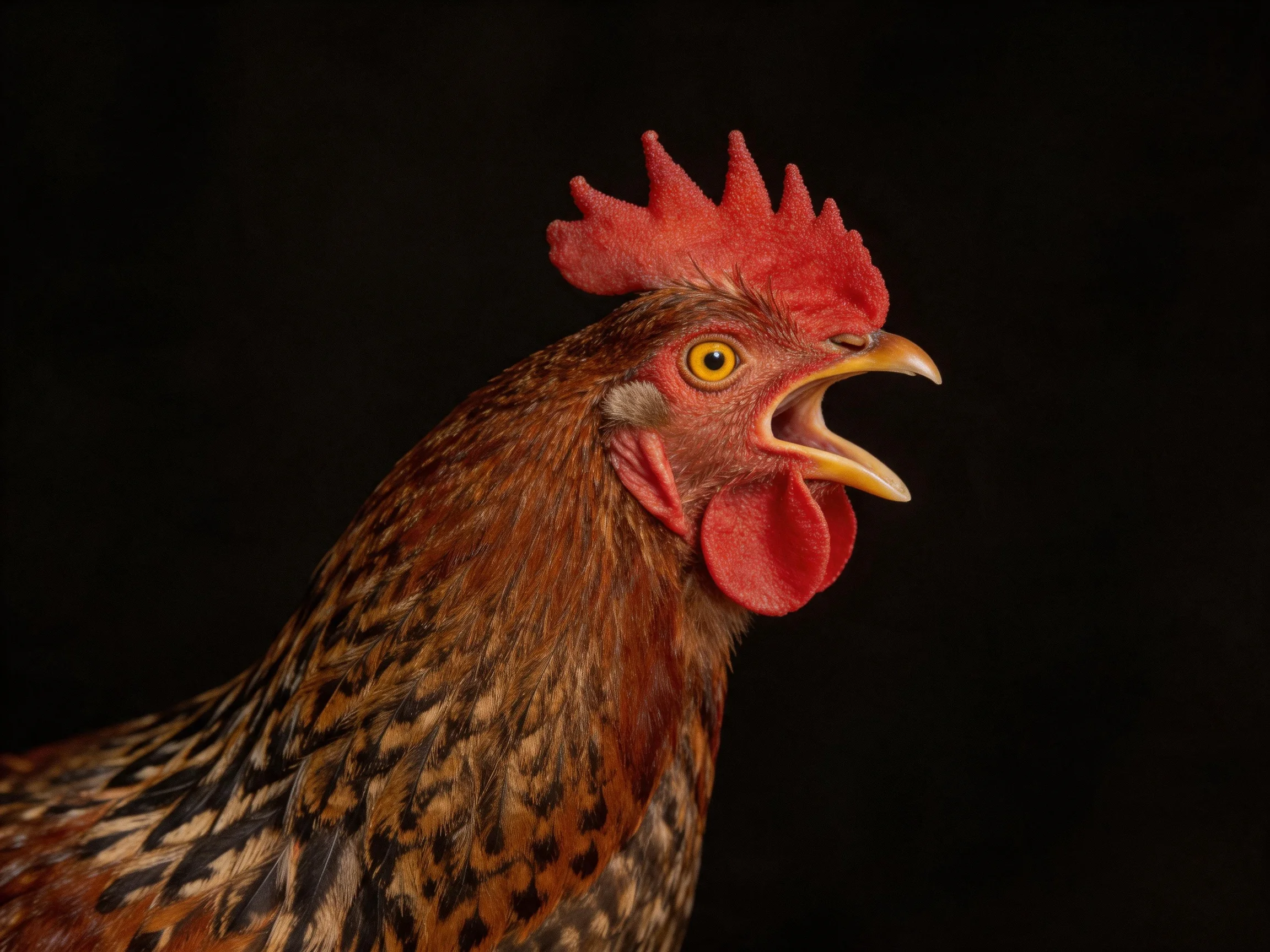 A rooster with an open beak displays its red comb and patterned feathers against a dark backdrop.