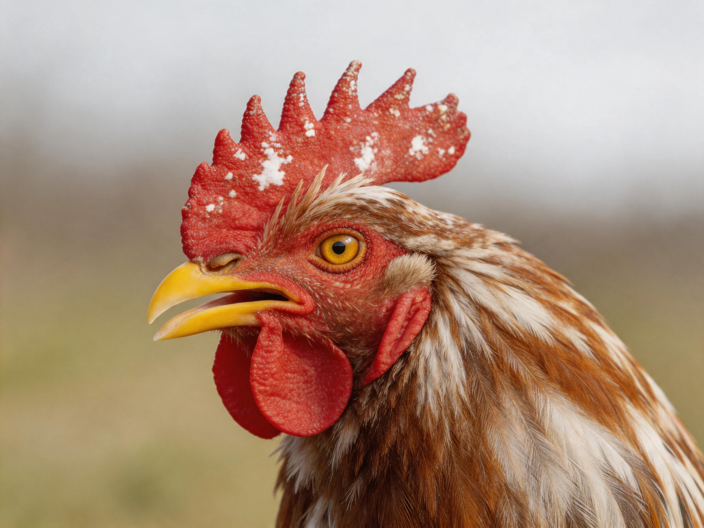 A close-up of a rooster featuring its bright red comb and patterned feathers.