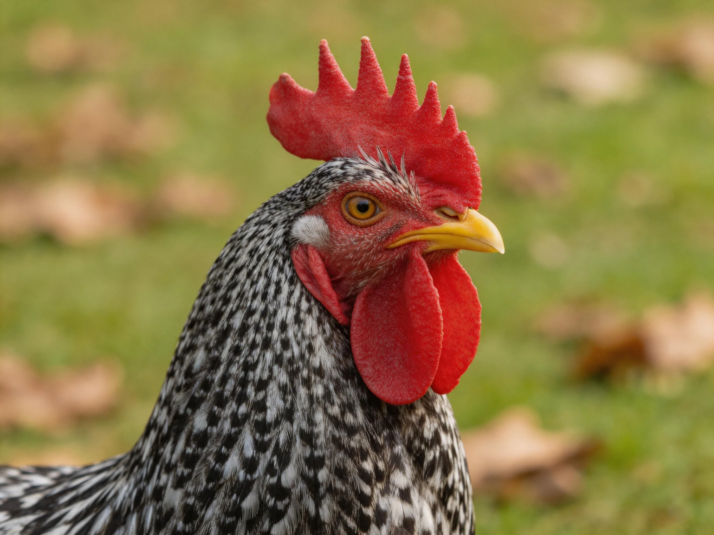 A rooster with a red comb stands amidst green grass and fallen leaves.