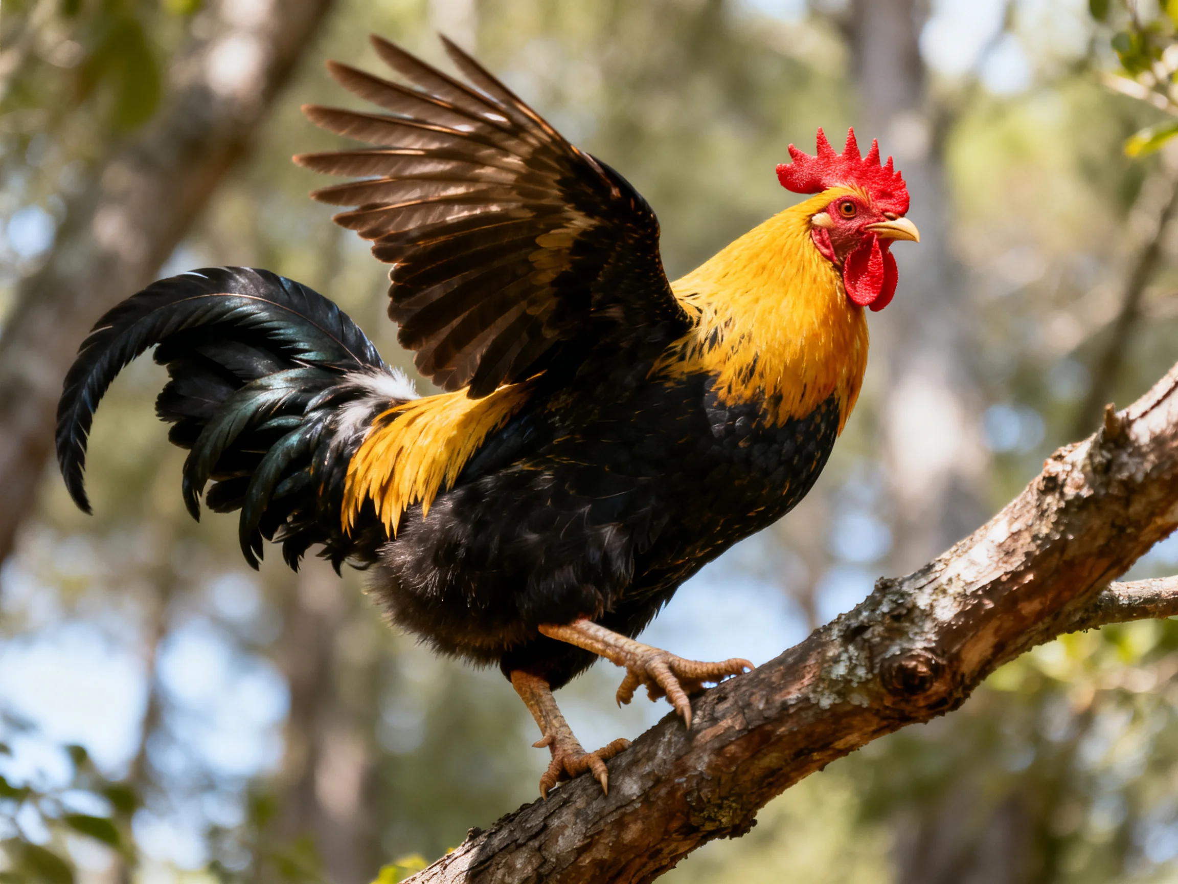 A rooster with yellow chest, black plumage, red comb spreads wings on a branch