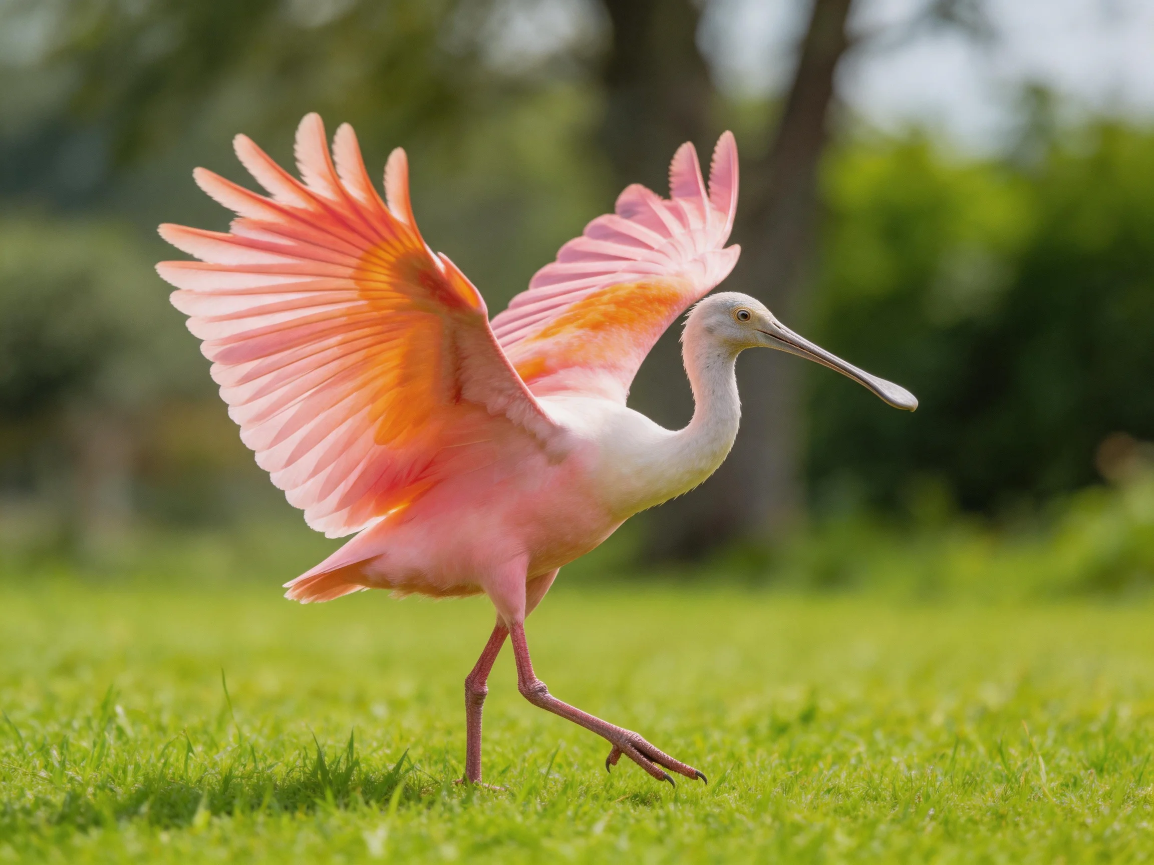 A roseate spoonbill spreads vibrant pink wings on green grass