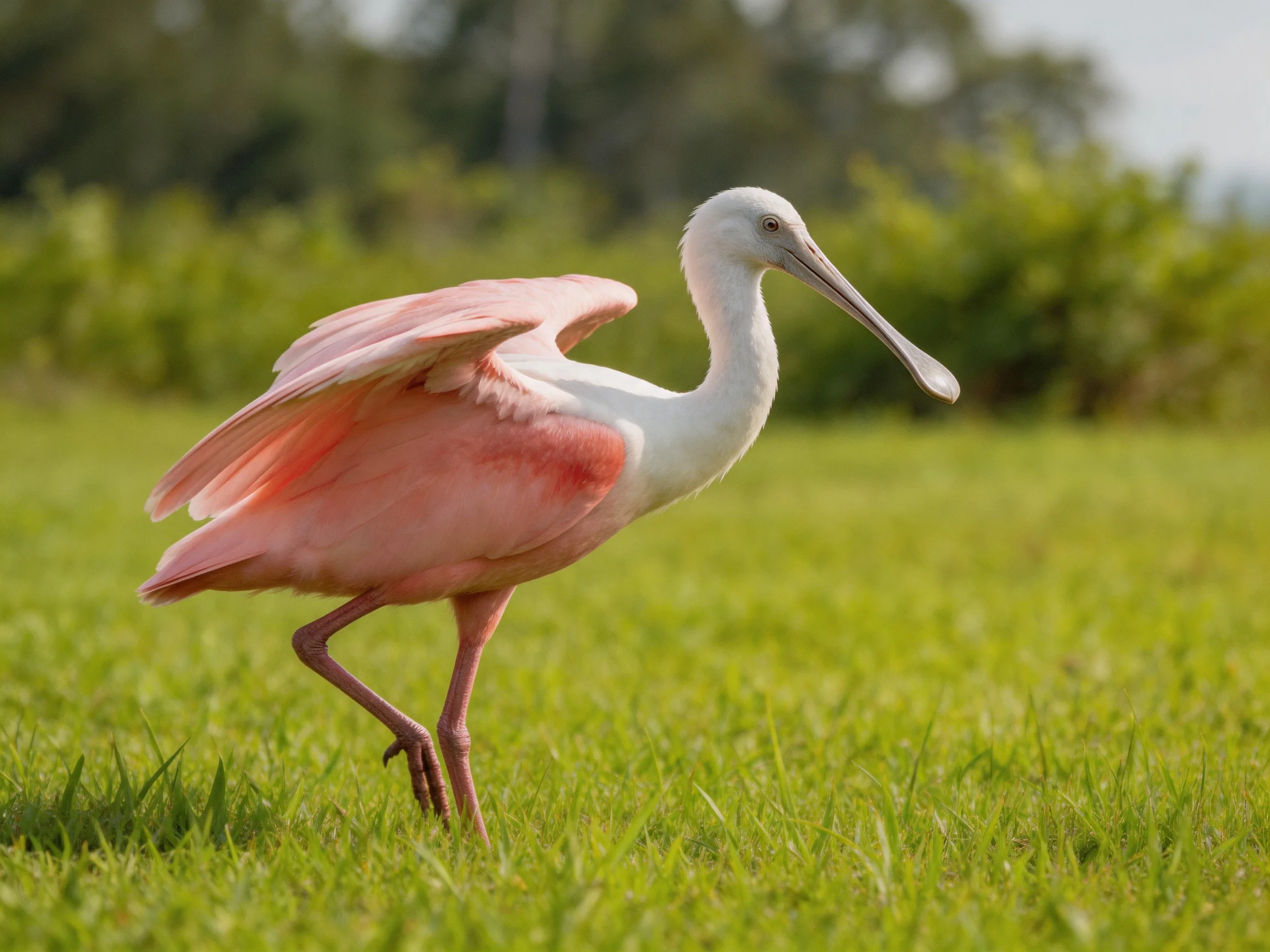 A roseate spoonbill with pink feathers walks on green grass